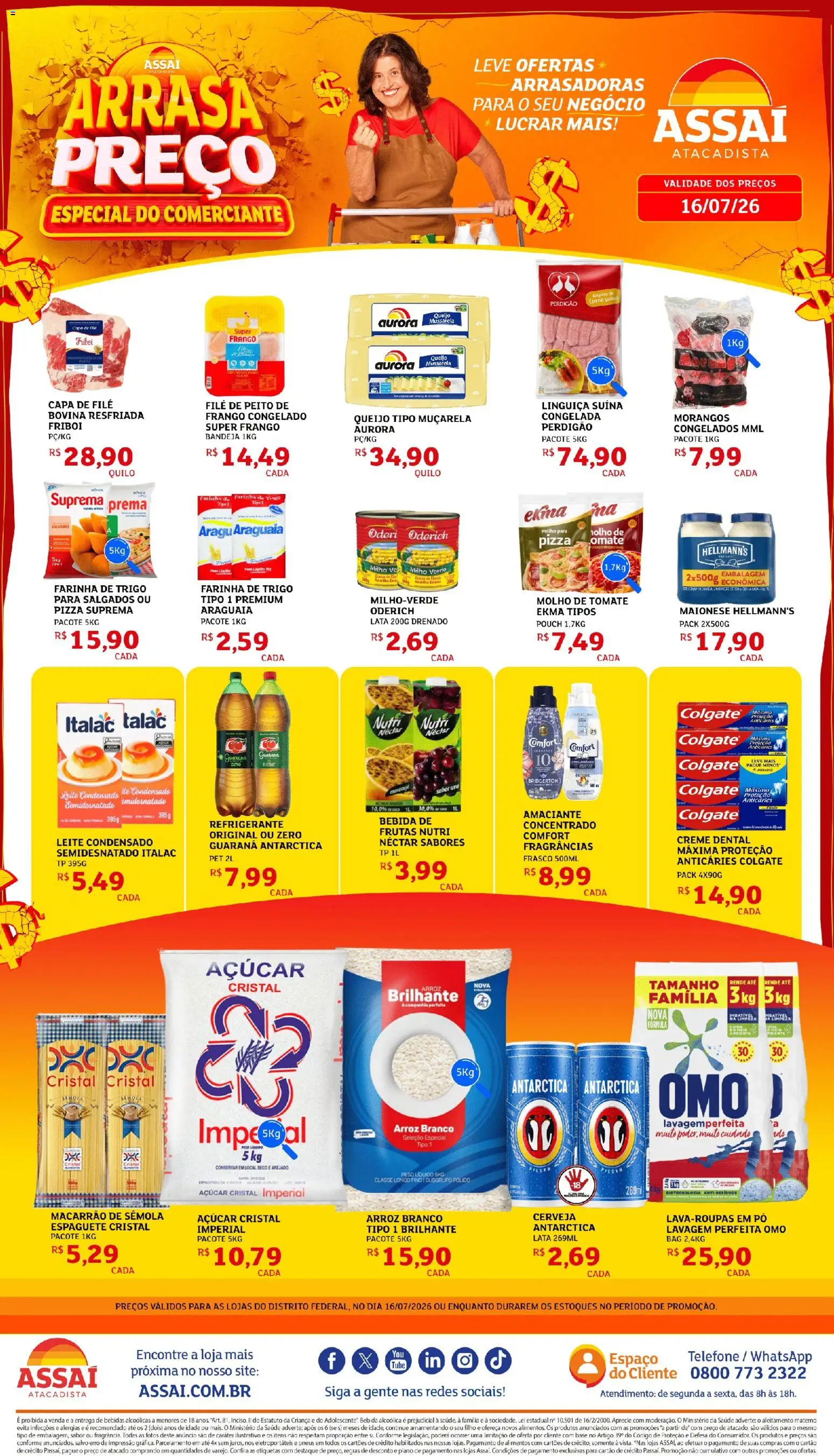 Assaí Atacadista Folheto - válido de 16/07/2026 | Página: 1 | Produtos: Espaguete, Farinha de trigo, Bebida, Mussarela