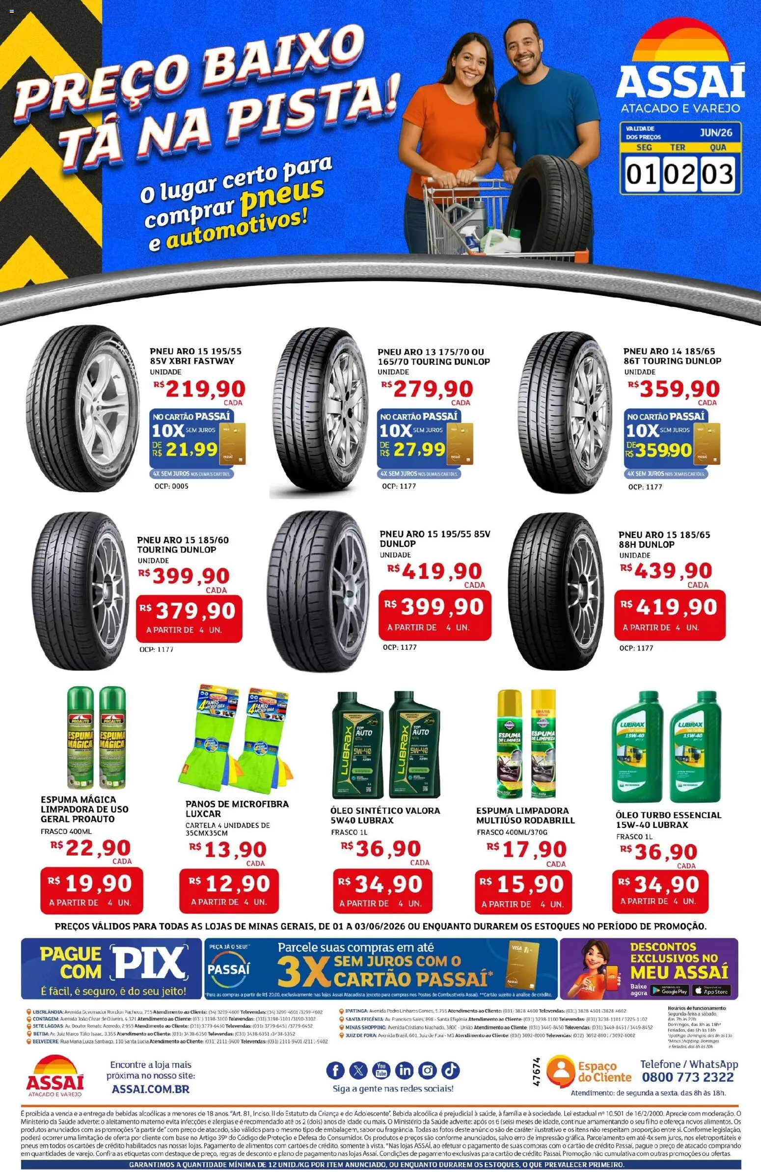 Assaí Atacadista Folheto - válido de 01.06.2026 | Página: 1 | Produtos: Pneu, Óleo, Baixo, Bebida
