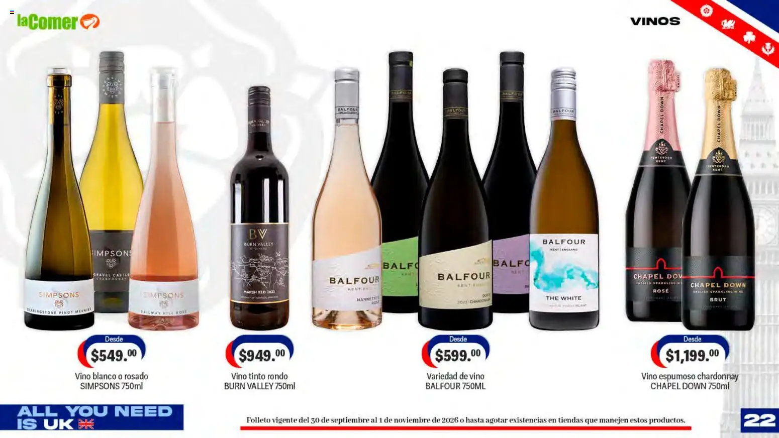 Nuevas ofertas de La Comer válidas en toda la República Mexicana desde el 30/09/2026. ¡Encuentra las mejores ofertas en La Comer folleto! | Página: 22 | Productos: Vino tinto, Vino blanco, Vino espumoso, Vino