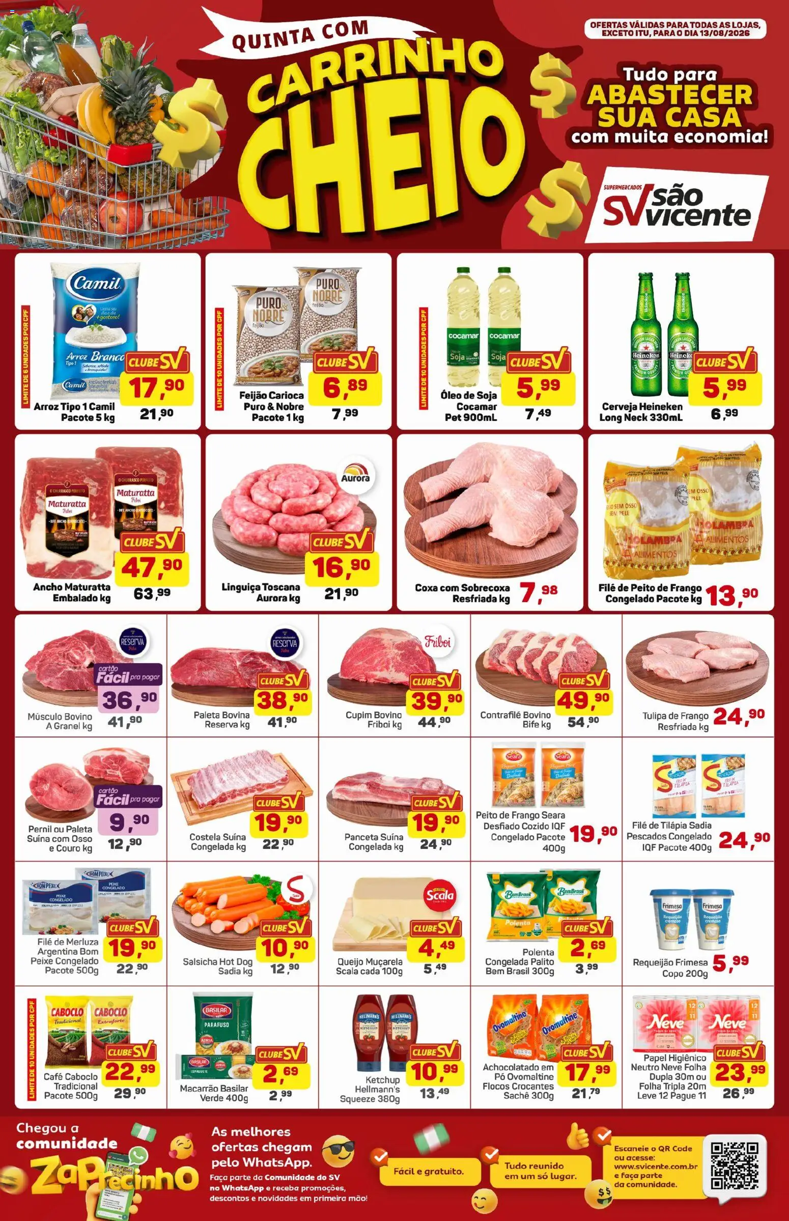 Supermercados São Vicente Folheto - válido de 13/08/2026 | Página: 1 | Produtos: Ancho Maturatta, Músculo bovino, Frango, Filé de tilápia