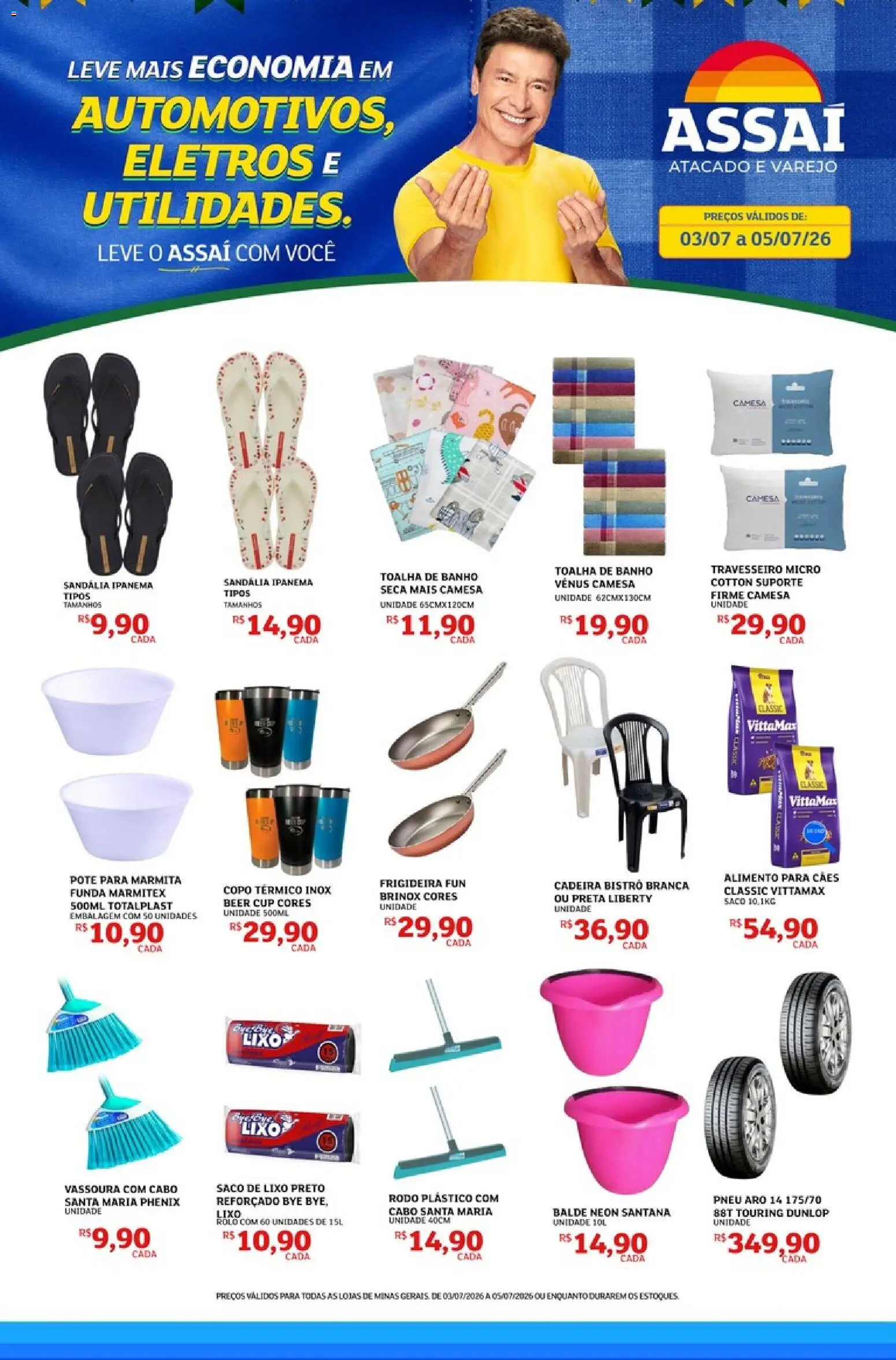 Assaí Atacadista Folheto - válido de 03/07/2026 | Página: 1 | Produtos: Cadeira, Toalha de banho, Rodo, Balde