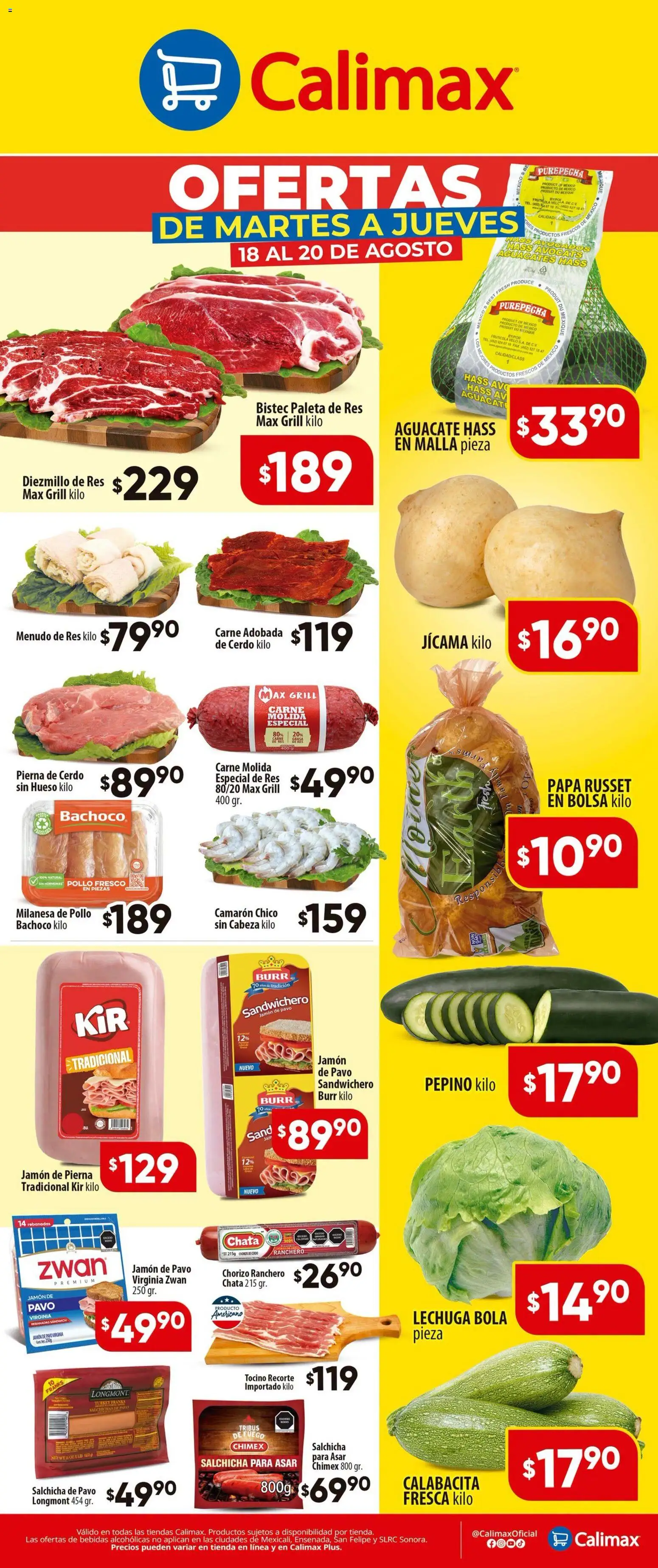Nuevas ofertas de Calimax válidas en toda la República Mexicana desde el 18/08/2026. ¡Encuentra las mejores ofertas en Calimax folleto! | Página: 1 | Productos: Tocino, Aguacate, Pavo, Malla