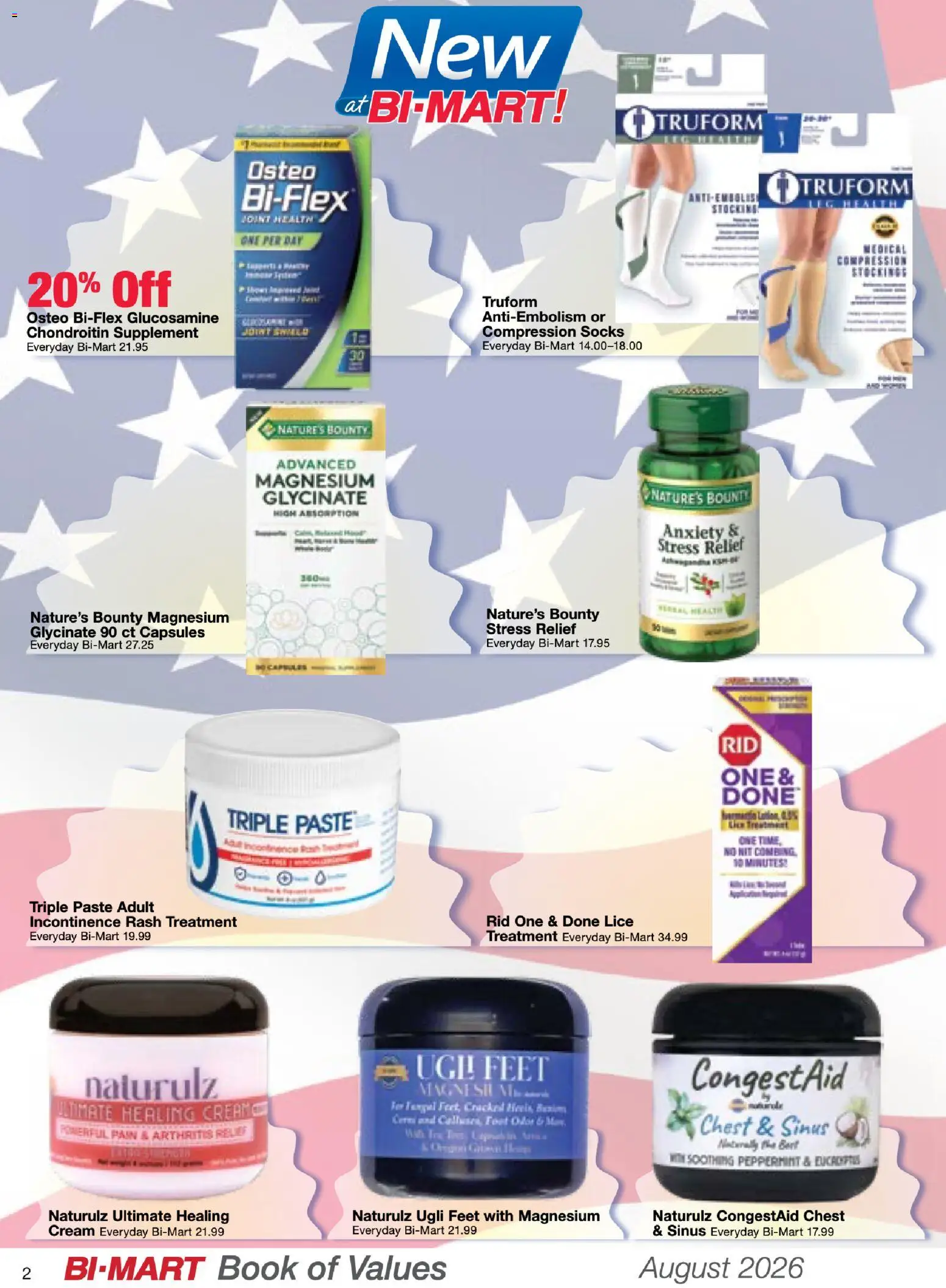 Bi-Mart August Health & Beauty Book of Values - valid from 08/01/2026 | Page: 2 | Products: Magnesium, Peppermint, Cream, Socks