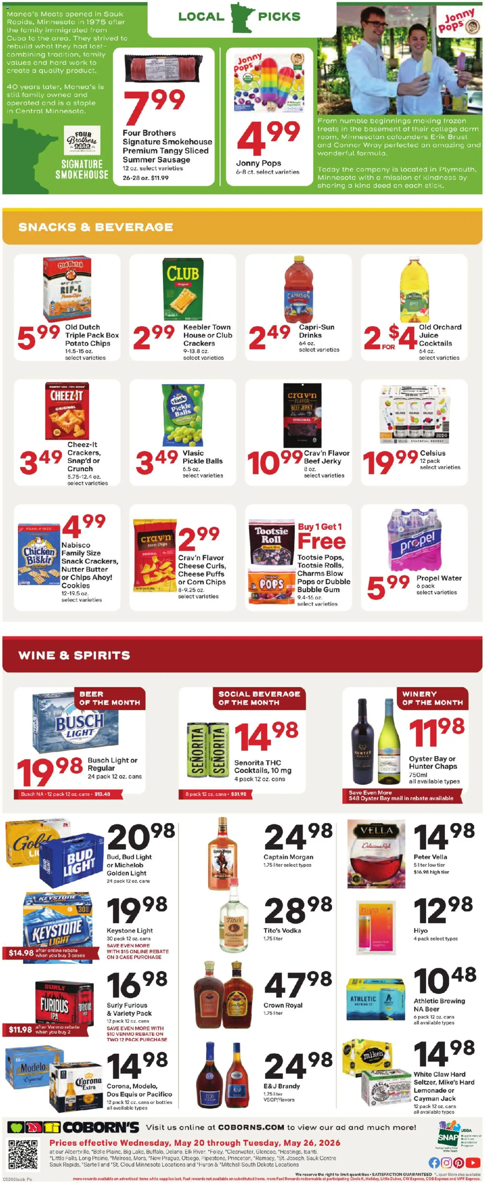 Coborn's Weekly Ad - valid from 20.05.2026 | Page: 6 | Products: Corn, Cheese, Wine, Sausage