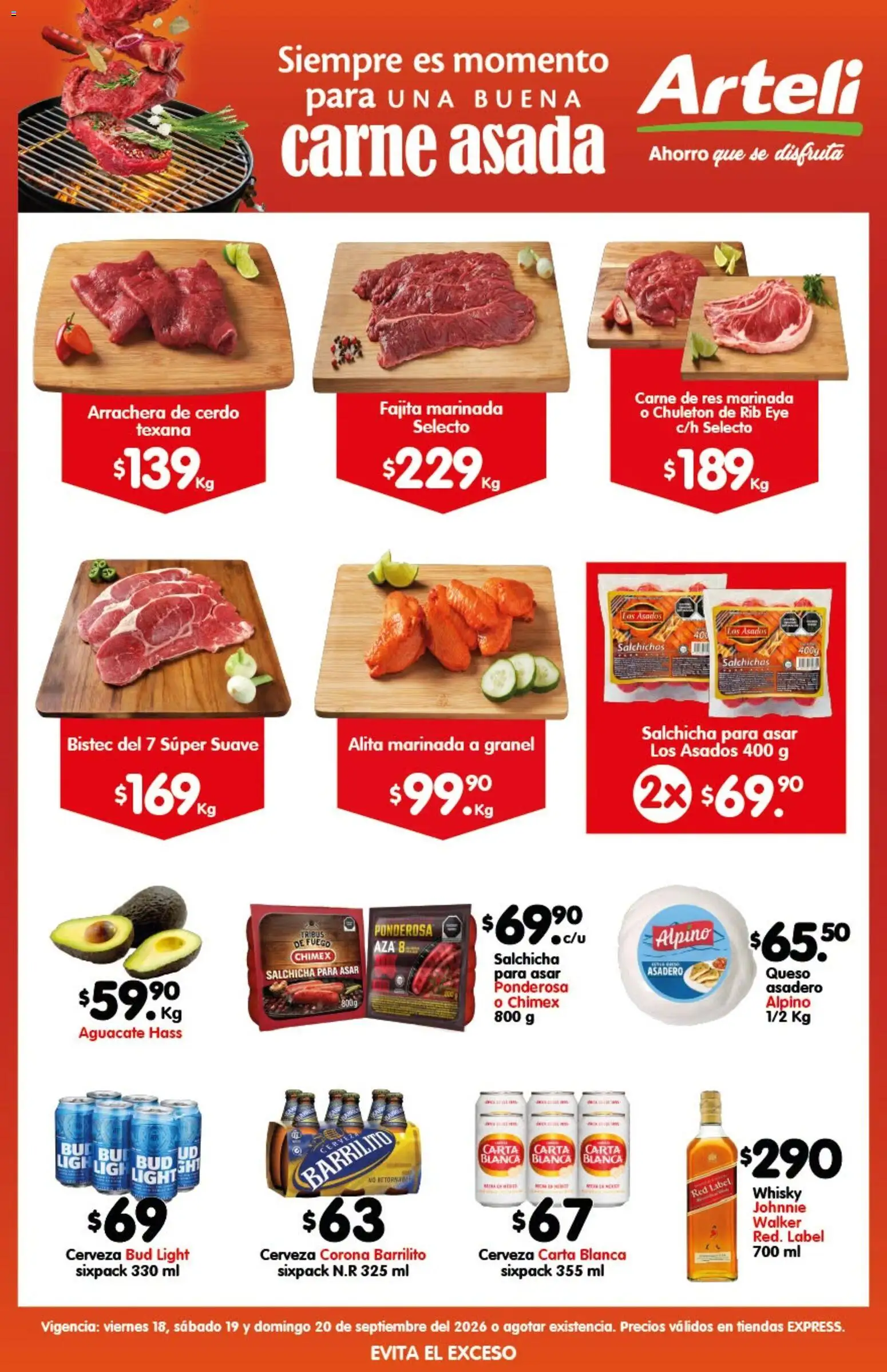 Nuevas ofertas de Arteli válidas en toda la República Mexicana desde el 18/09/2026. ¡Encuentra las mejores ofertas en Arteli folleto Carne Express! | Página: 1 | Productos: Bistec, Queso, Cerveza, Whisky