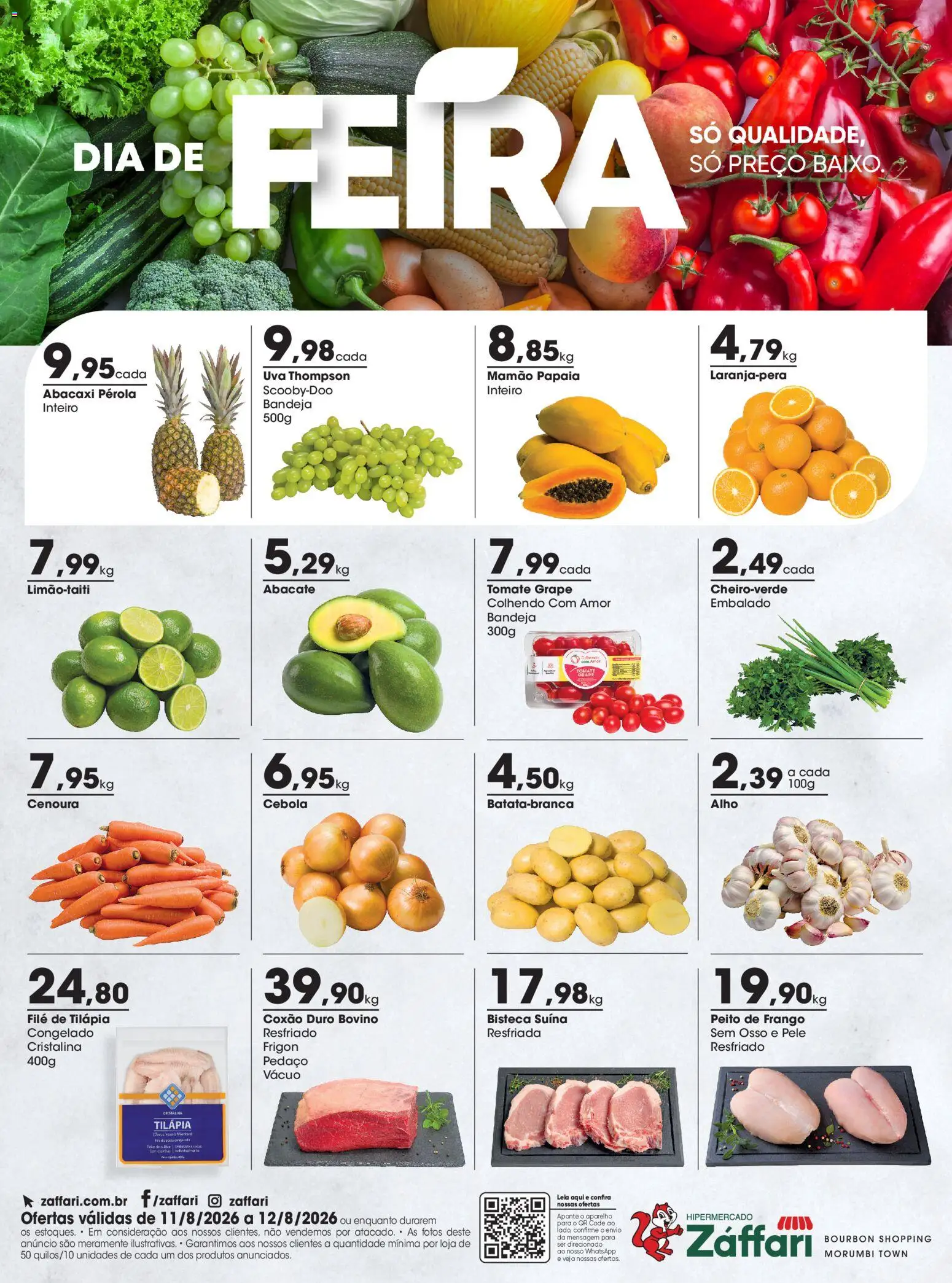 Zaffari Folheto - válido de 11/08/2026 | Página: 1 | Produtos: Cebola, Bourbon, Mamão, Filé de tilápia