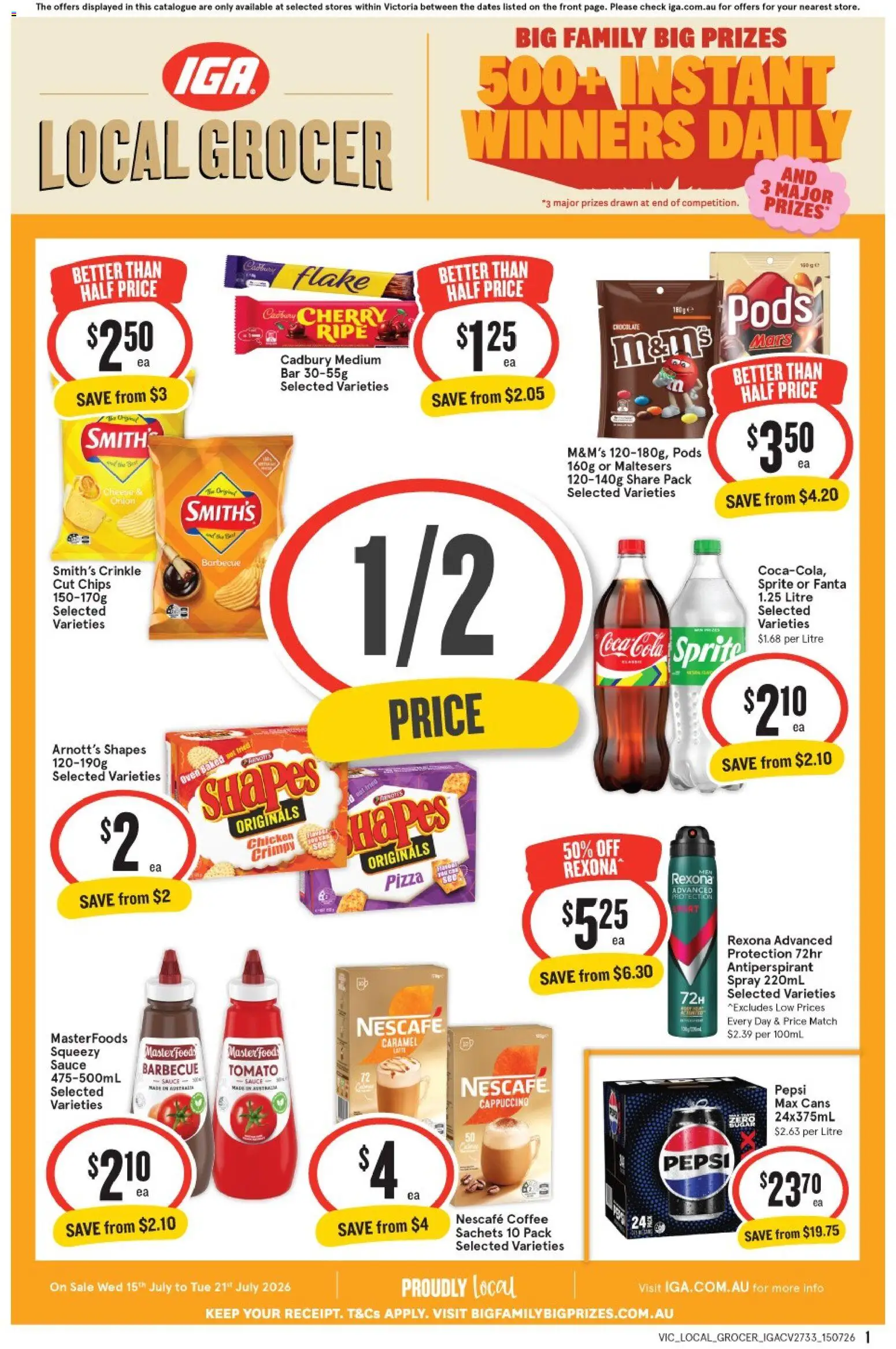 IGA catalogue - valid from 15/07/2026 | Page: 1 | Products: Cheese, Coffee, Antiperspirant, Coca Cola