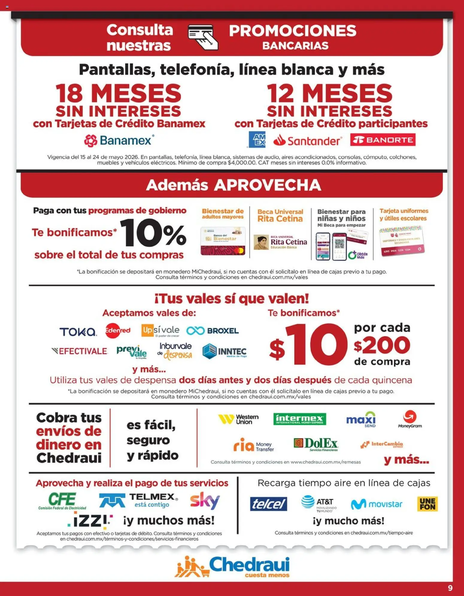 Nuevas ofertas de Chedraui válidas en toda la República Mexicana desde el 15.05.2026. ¡Encuentra las mejores ofertas en Chedraui folleto LLevarte más ! | Página: 9 | Productos: Monedero, Banco, Despensa, Té