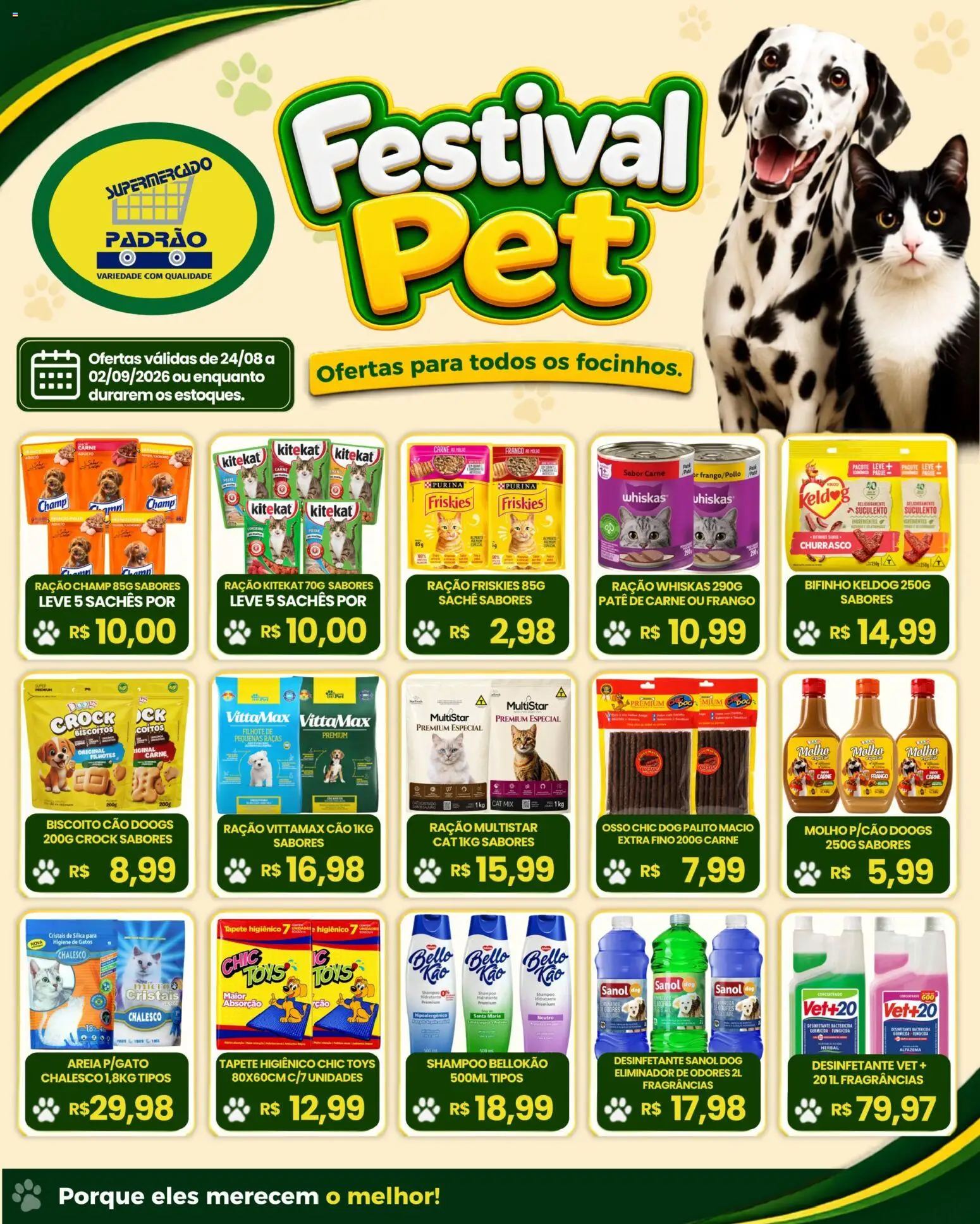 Supermercado Padrão Folheto - válido de 24/08/2026 | Página: 1 | Produtos: Patê, Frango, Desinfetante, Ração
