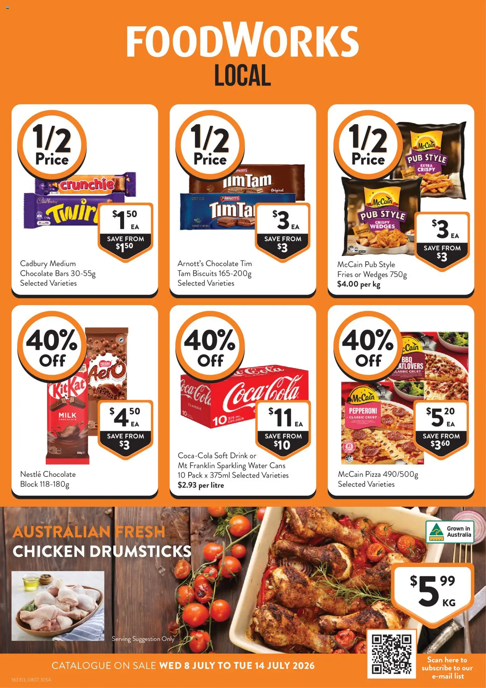 Foodworks catalogue - valid from 08/07/2026 | Page: 1 | Products: Chocolate, Pizza, Biscuits, Water