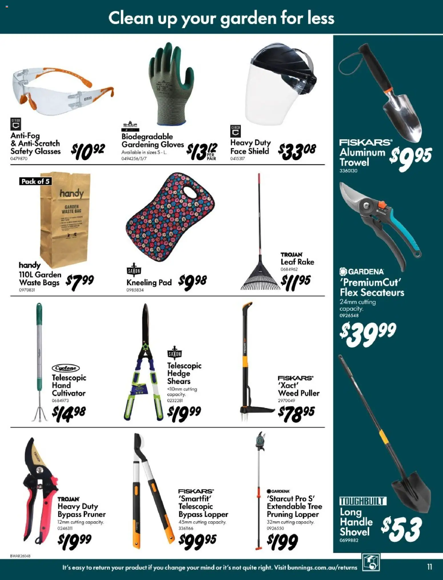 Bunnings Warehouse catalogue - valid from 11.03.2026 | Page: 11 | Products: Shovel, Rake, Gloves, Glasses