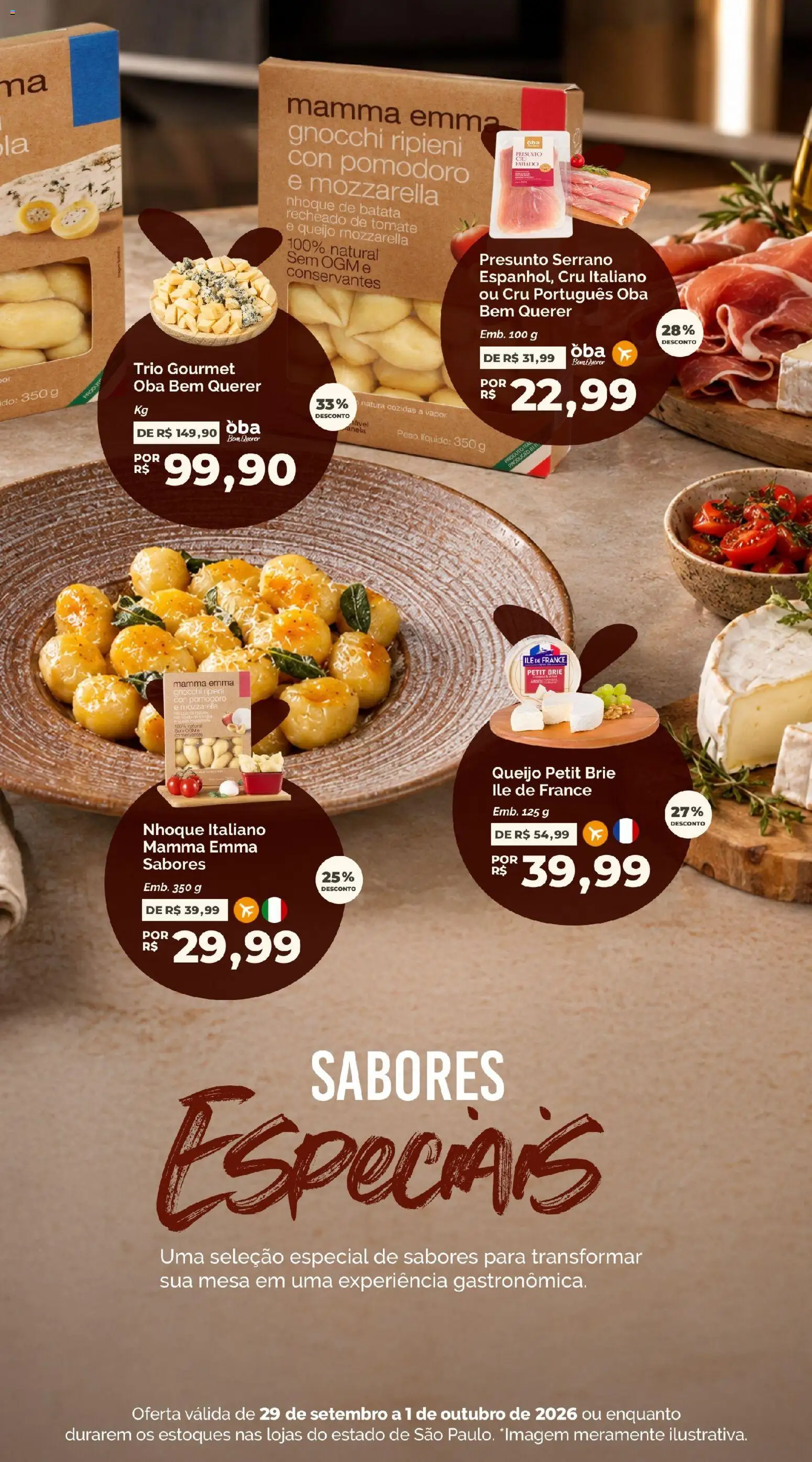 Oba Hortifruti Folheto - válido de 29/09/2026 | Página: 2 | Produtos: Queijo, Brie, Presunto Serrano, Nhoque