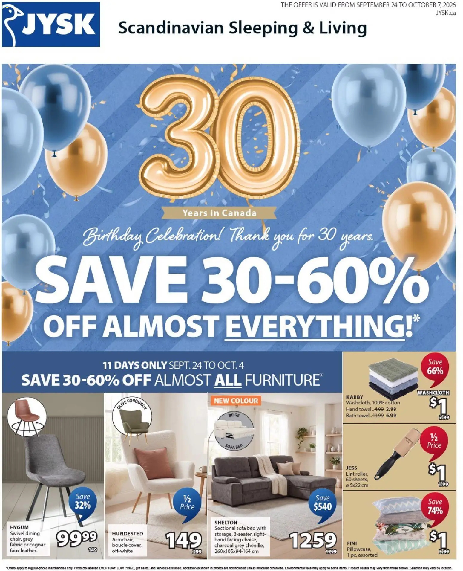 JYSK flyer valid from Sep 24, 2026 | Page: 1 | Products: Cognac, Bed, Bath, Charcoal