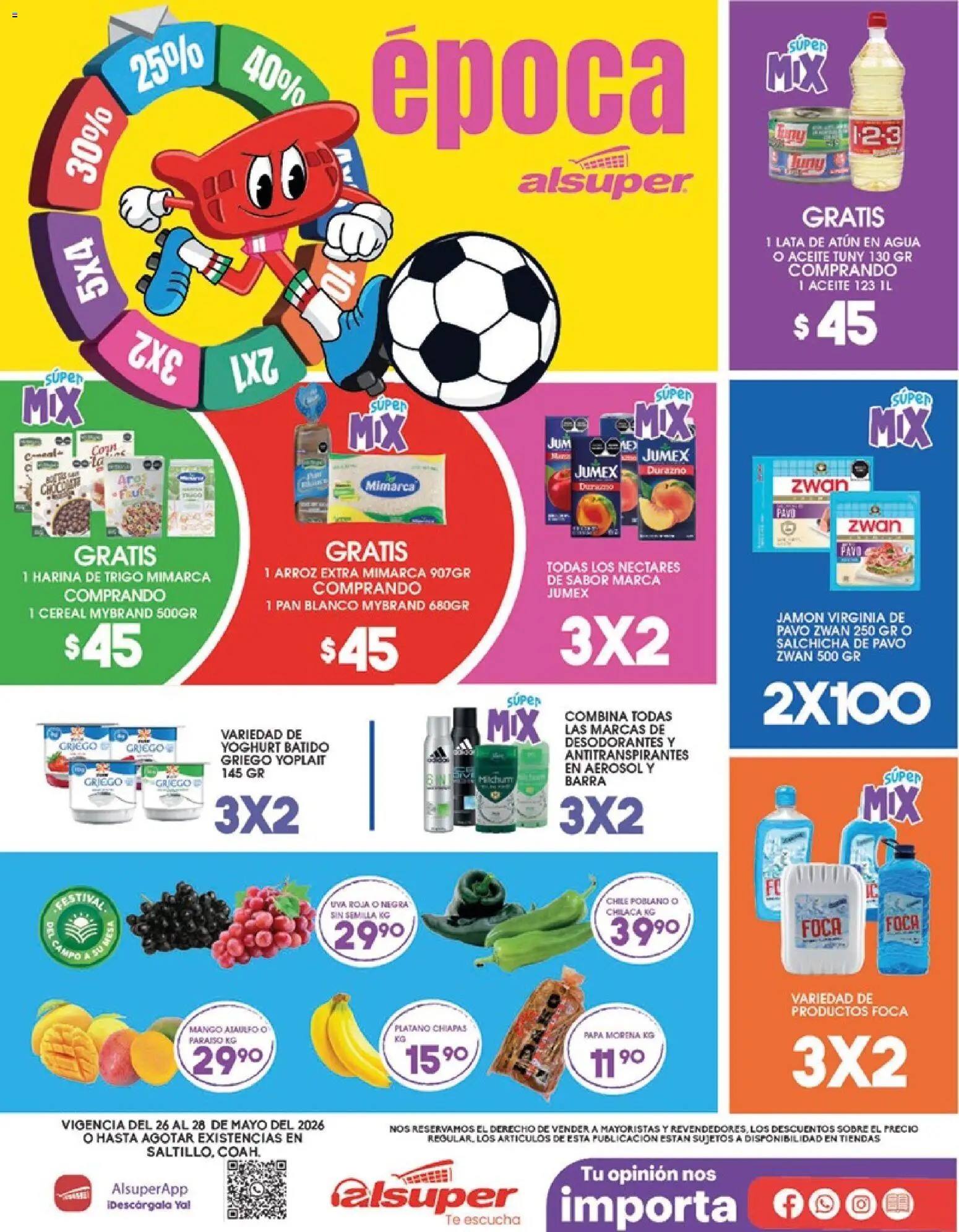 Nuevas ofertas de Alsuper válidas en toda la República Mexicana desde el 26.05.2026. ¡Encuentra las mejores ofertas en Alsuper folleto Saltillo! | Página: 1 | Productos: Harina, Agua, Pan, Jamón