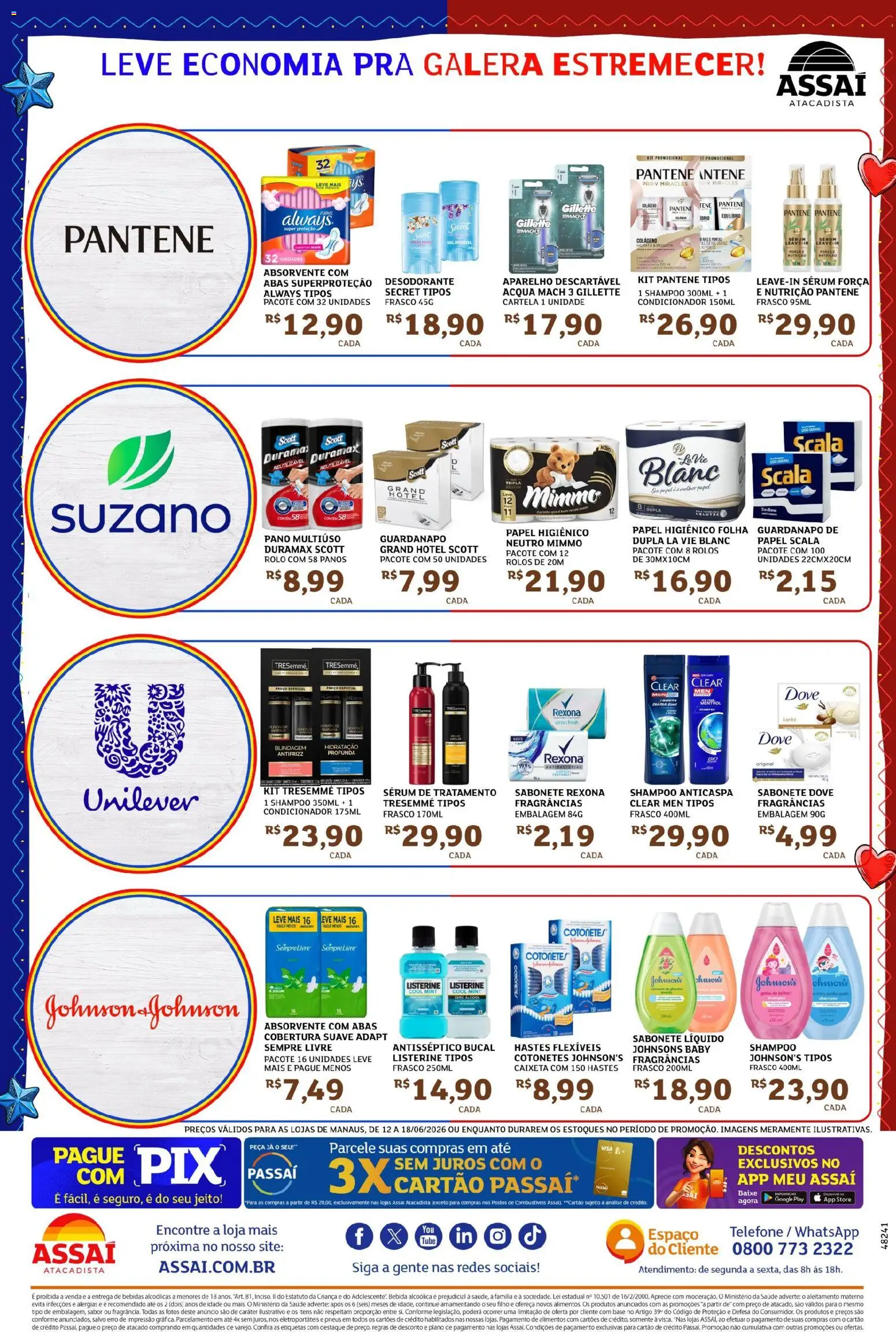 Assaí Atacadista Folheto - válido de 12.06.2026 | Página: 3 | Produtos: Rolo, Telefone, Sabonete líquido, Guardanapo