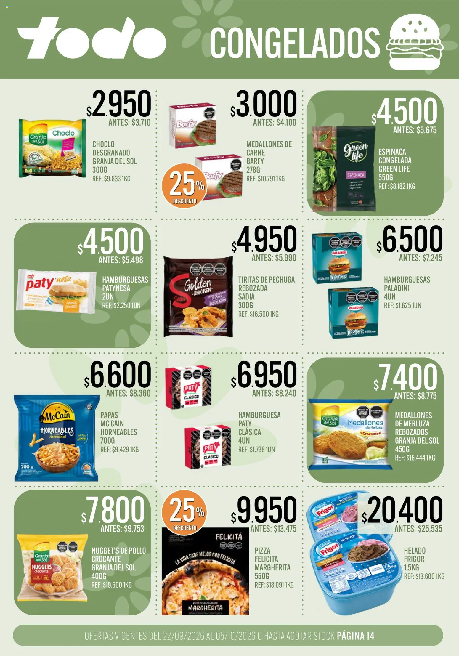 Supermercados TODO catálogo │ válido desde el 22/09/2026 | Página: 14 | Productos: Helado, Choclo, Carne, Pizza