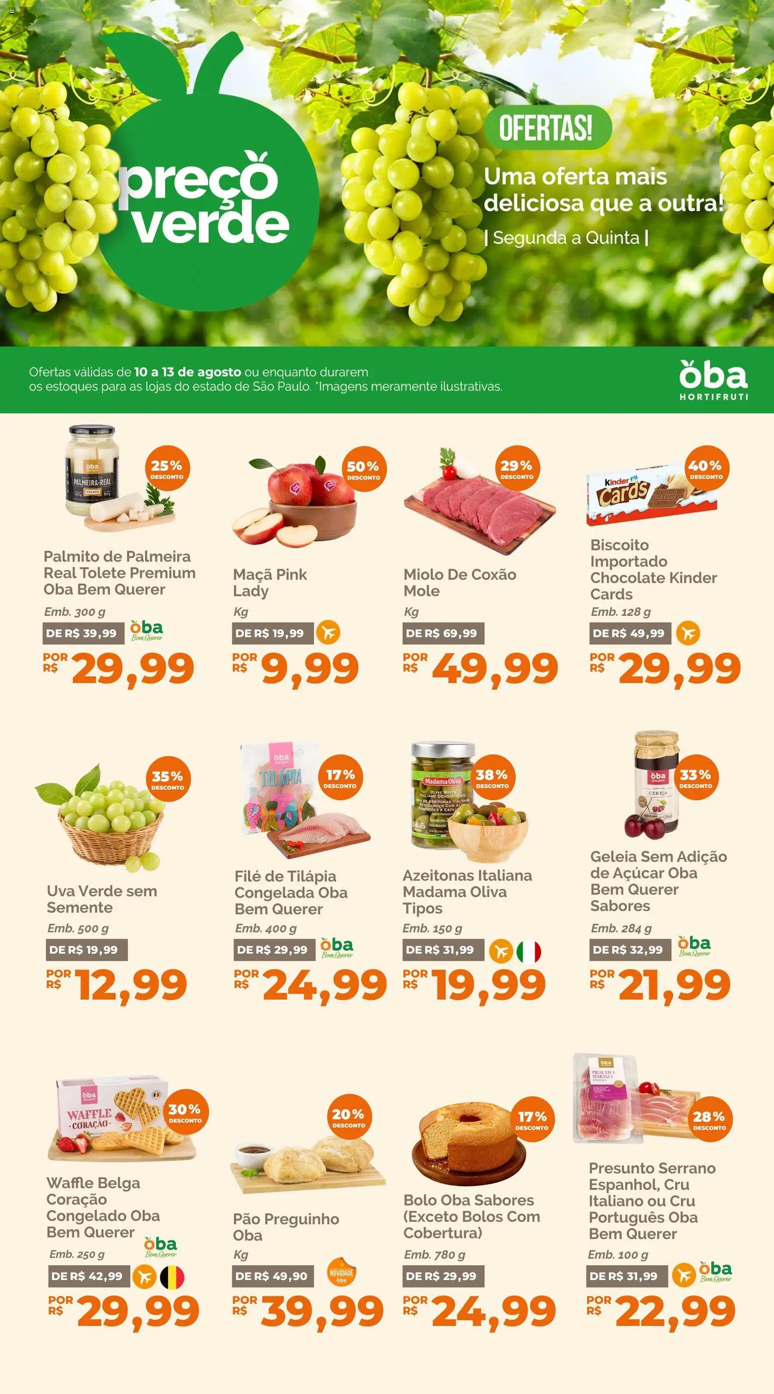 Oba Hortifruti Folheto - válido de 10/08/2026 | Página: 1 | Produtos: Biscoito, Presunto, Bolo, Presunto Serrano