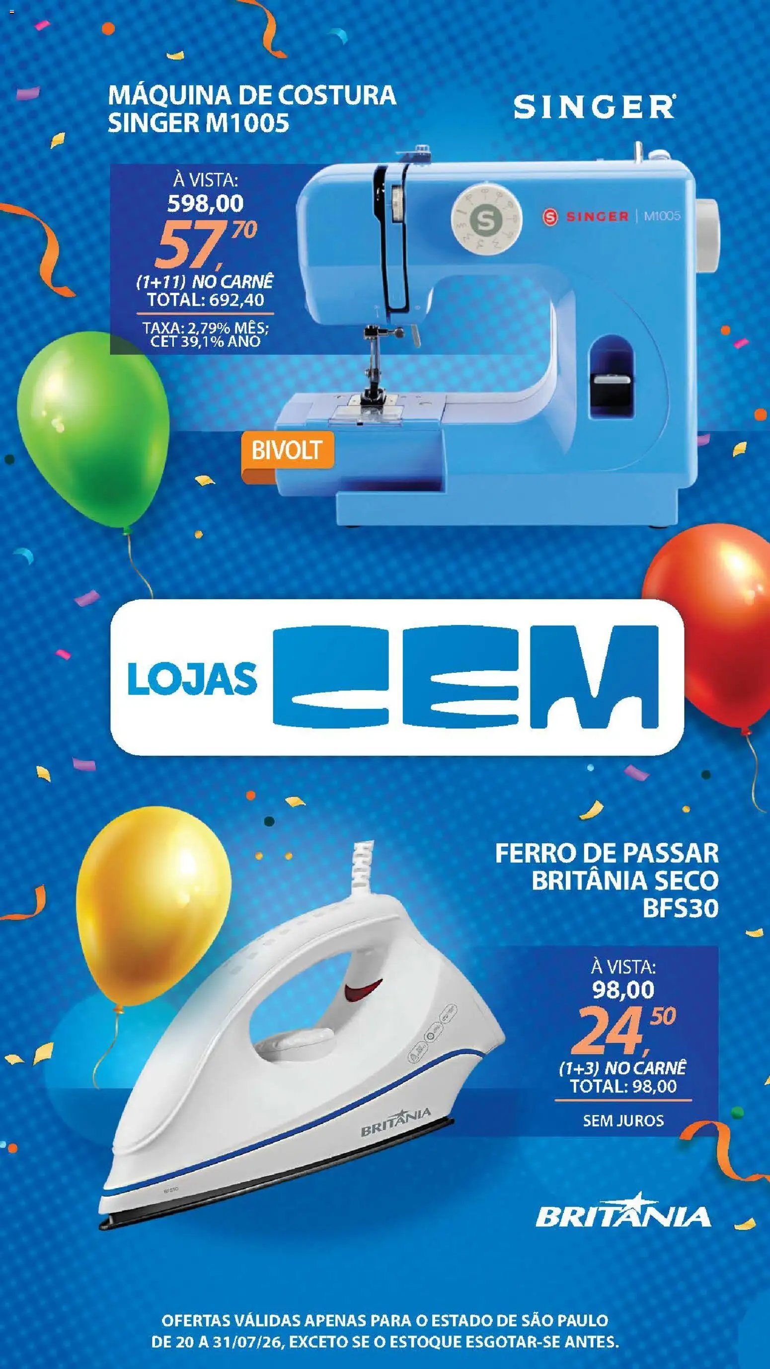 Lojas Cem Folheto - válido de 20/07/2026 | Página: 118 | Produtos: Ferro, Máquina de costura, Ferro de passar, Carne
