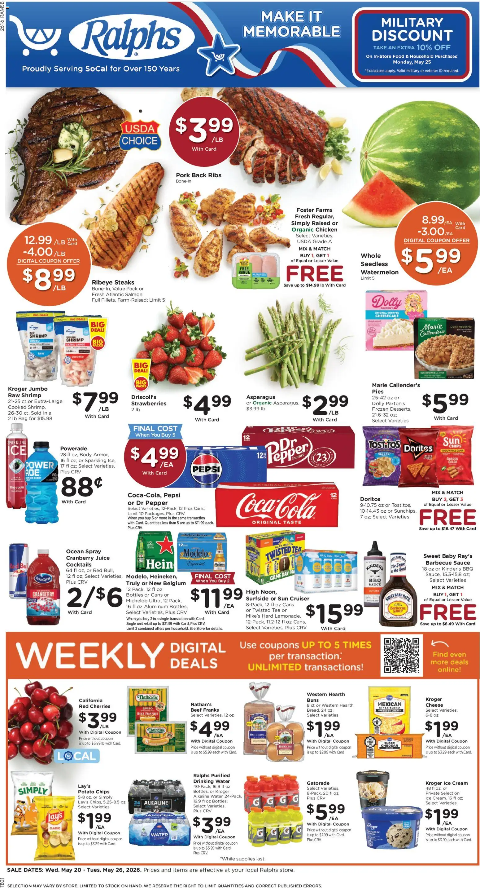 Ralphs Weekly Ad - valid from 20.05.2026 | Page: 1 | Products: Beef, Strawberries, Water, Bag