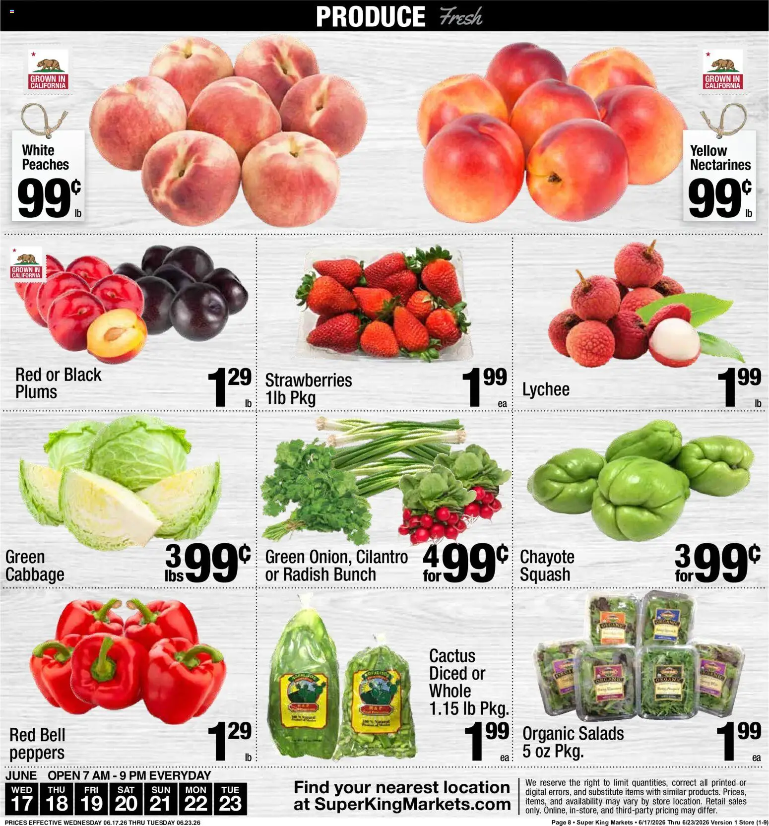 Super King Weekly Ad - valid from 06/17/2026 | Page: 9 | Products: Peaches, Squash, Strawberries, Cabbage