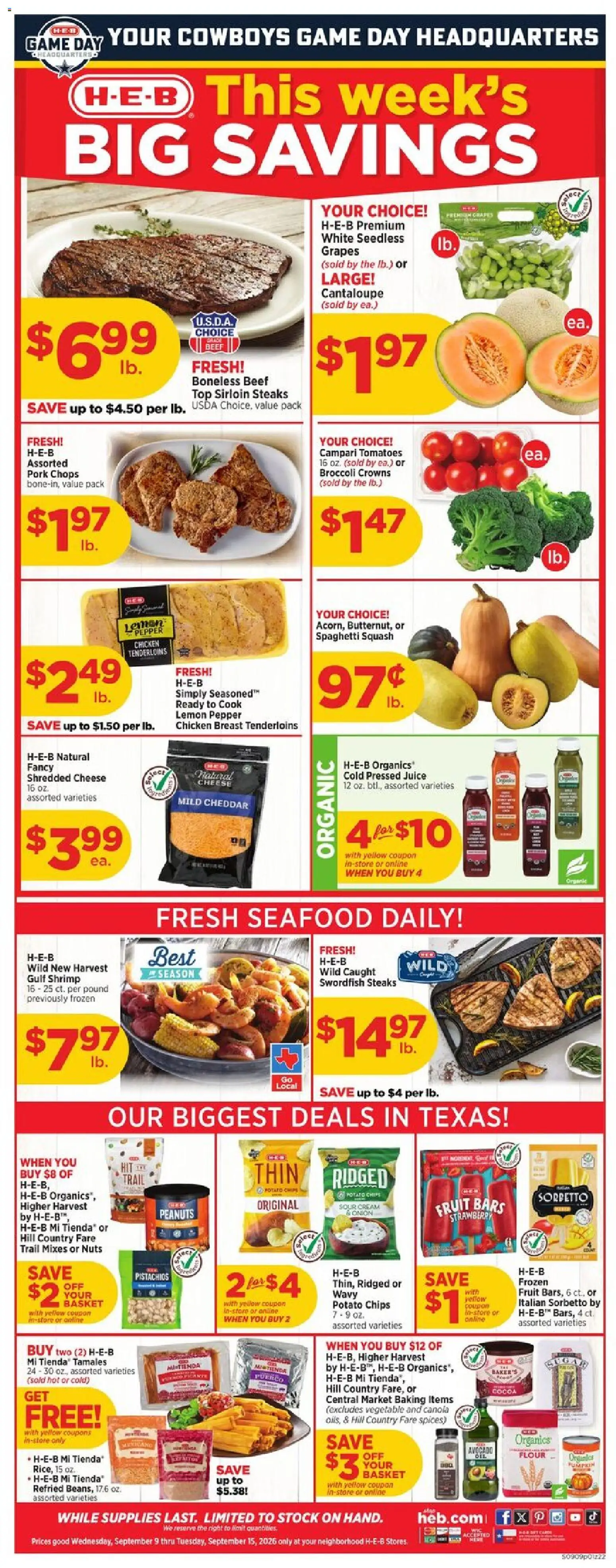 H-E-B Weekly Ad - valid from 09/09/2026 | Page: 1 | Products: Squash, Basket, Juice, Cocoa