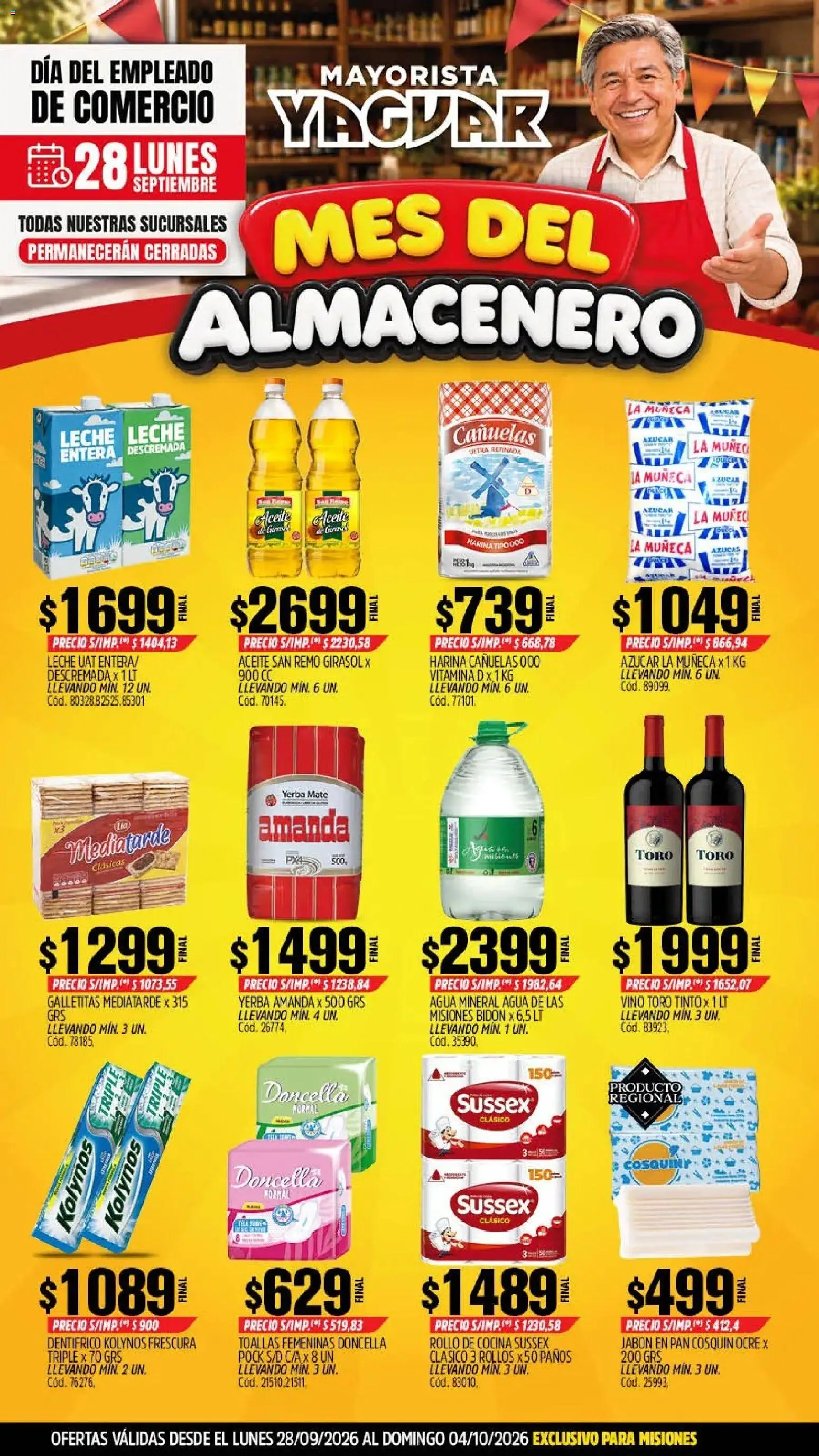 Yaguar - Oferta Semanal Misiones │ válido desde el 28/09/2026 | Página: 1 | Productos: Toallas, Aceite, Agua mineral, Vino