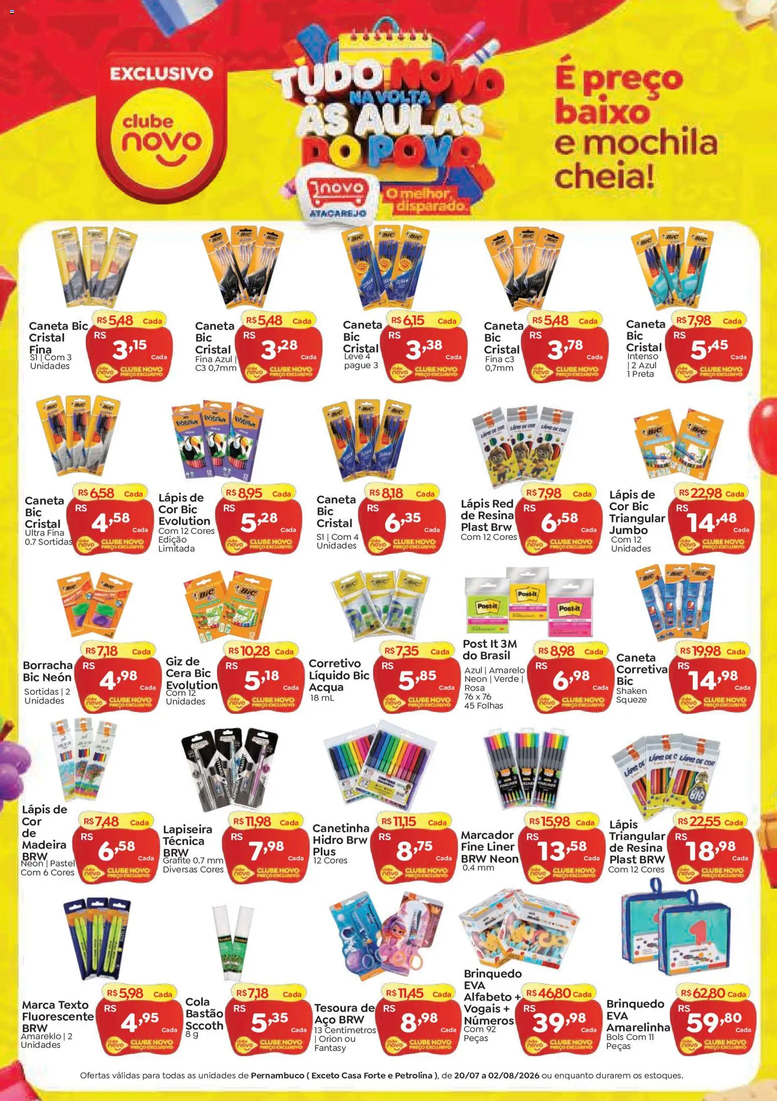 Novo Atacarejo Folheto - válido de 13/07/2026 | Página: 1 | Produtos: Corretivo, Canetinha, Cera, Mochila