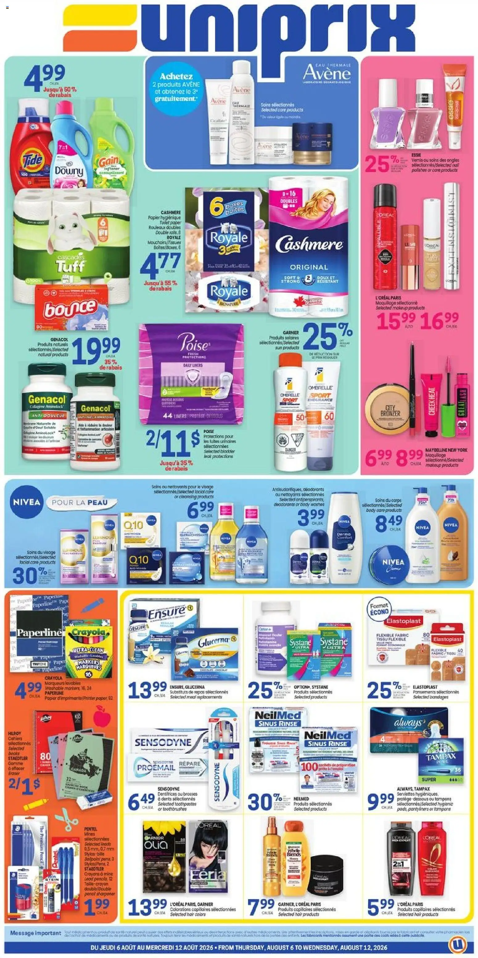 Uniprix flyer valid from Aug 6, 2026 | Page: 1 | Products: Printer, Pencil sharpener, Bronzer