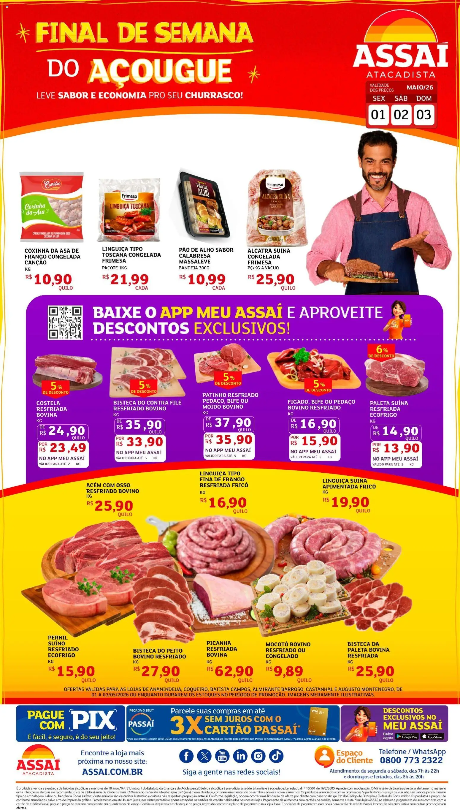 Assaí Atacadista Folheto - válido de 01.05.2026 | Página: 1 | Produtos: Linguiça, Alcatra, Base, Carne