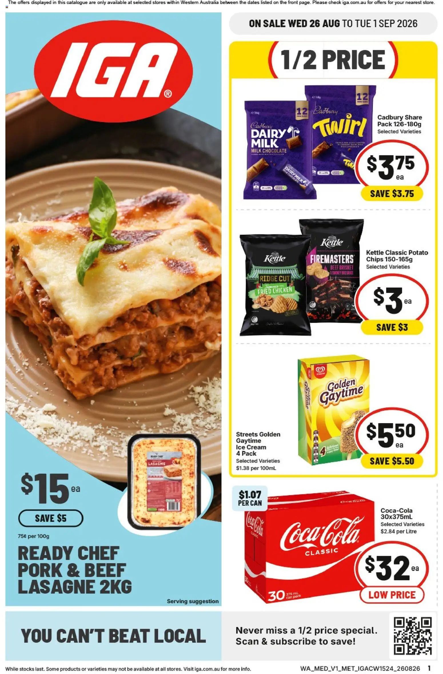 IGA catalogue - valid from 26/08/2026 | Page: 1 | Products: Milk, Pork, Beef, Chips