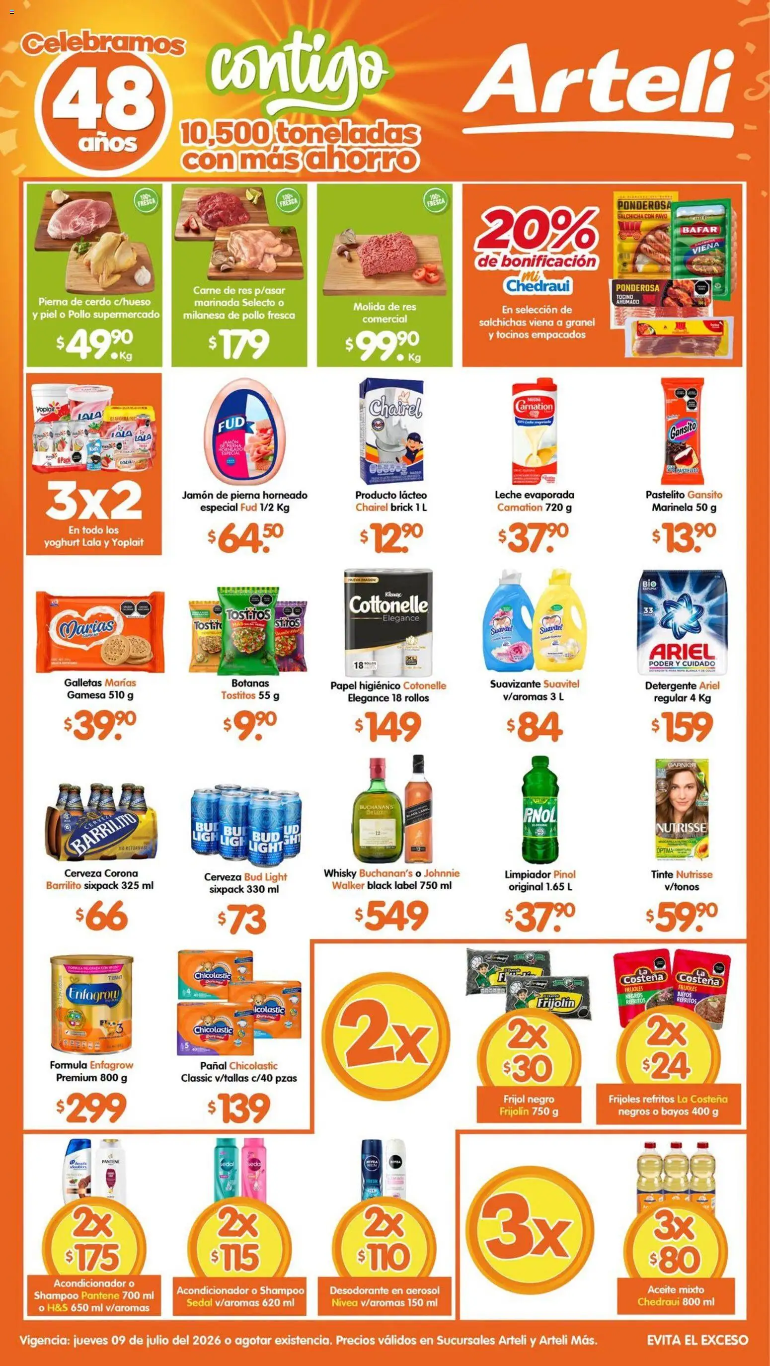 Nuevas ofertas de Arteli válidas en toda la República Mexicana desde el 09/07/2026. ¡Encuentra las mejores ofertas en Arteli folleto Valles! | Página: 1 | Productos: Salchicha, Leche, Jamón, Res
