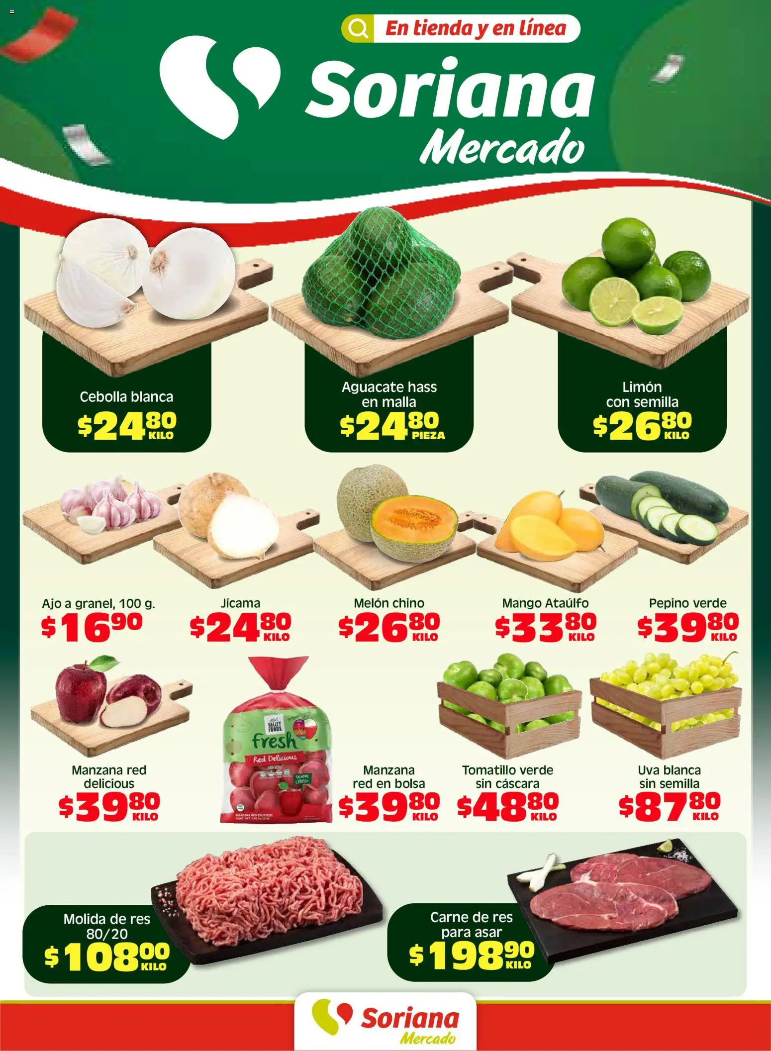 Nuevas ofertas de Soriana válidas en toda la República Mexicana desde el 08.05.2026. ¡Encuentra las mejores ofertas en Soriana Fin de Semana Mercado: Ags, Nay, Jal, Qro, Col, Mich, Gto, Hgo, Tlax, Mor, Pue, Gro, Oax, Edo. de Mex, CDMX, Zac y SLP! | Página: 1 | Productos: Cebolla, Ajo, Manzana, Malla