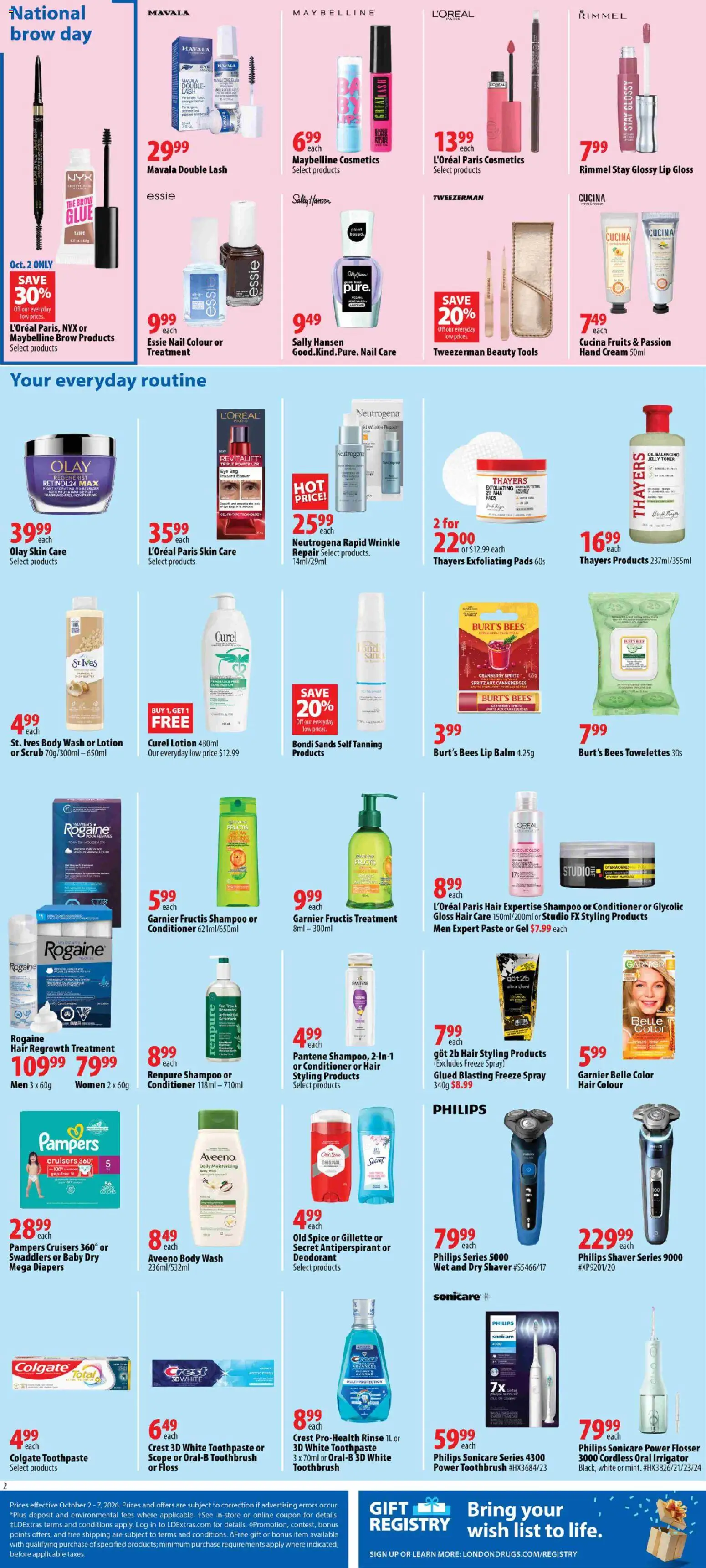 London Drugs flyer valid from Oct 2, 2026 | Page: 3 | Products: Lip gloss, Conditioner, Hand cream, Oral irrigator