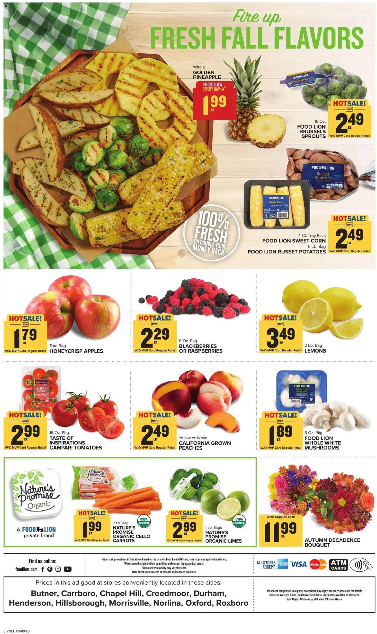 Food Lion Weekly Ad - valid from 09/09/2026 | Page: 3 | Products: Peaches, Brussels Sprouts, Apples, Bag