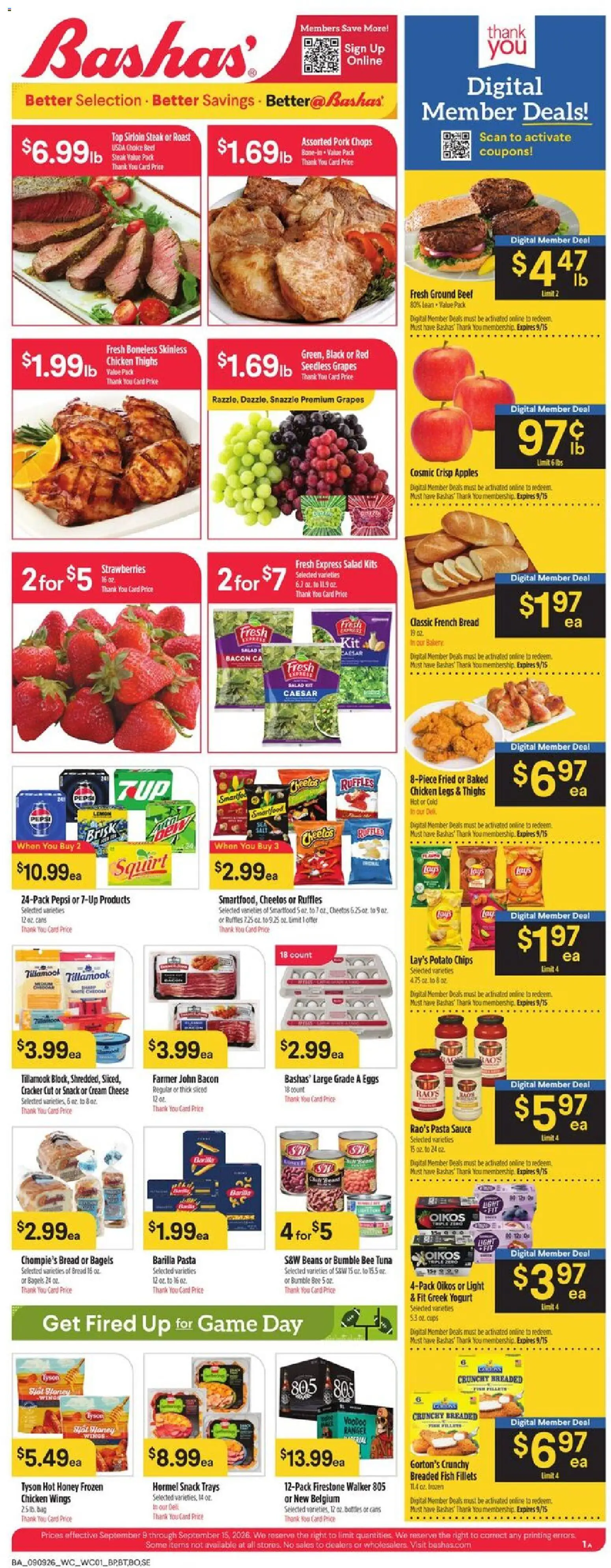 Basha's Weekly Ad - valid from 09/09/2026 | Page: 1 | Products: Chicken, Honey, Cheese, Chicken thighs