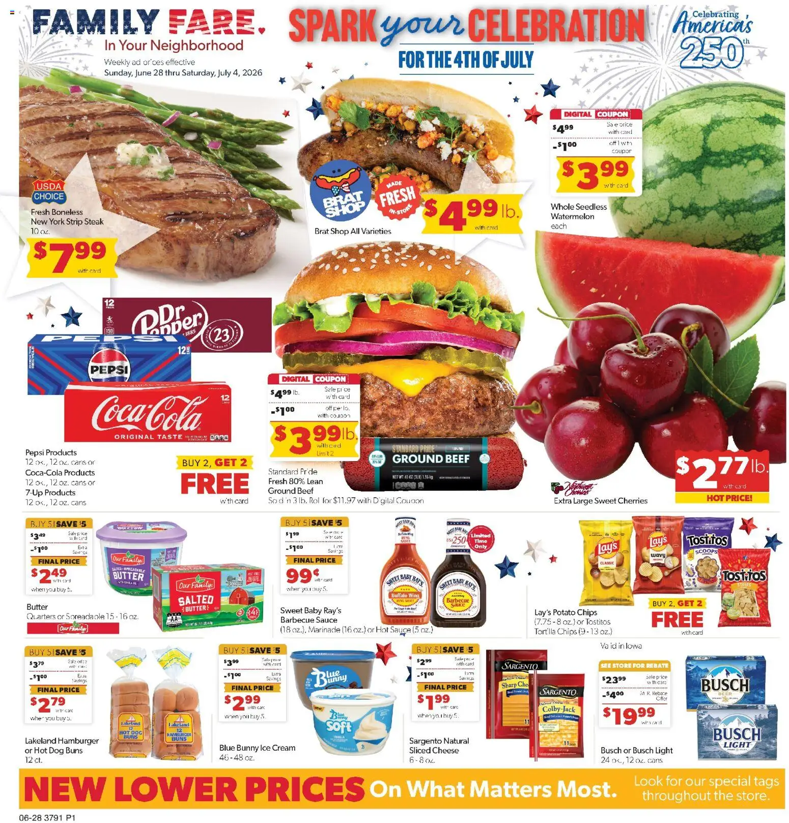 Family Fare Weekly Ad - IA - valid from 06/28/2026 | Page: 1 | Products: Cherries, Chips, Cream, Ice cream