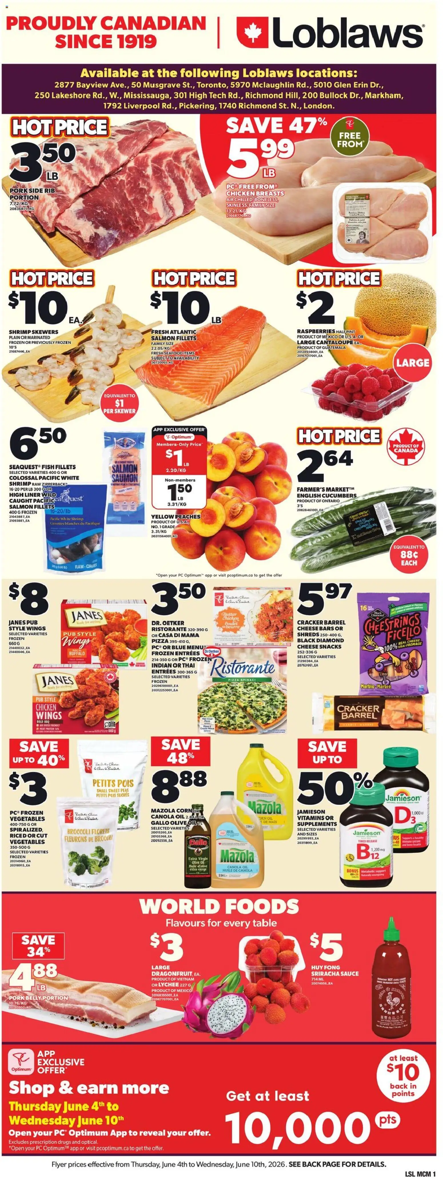 Loblaws flyer valid from 04.06.2026 | Page: 3 | Products: Cucumbers, Chicken wings, Chicken breasts, Oil