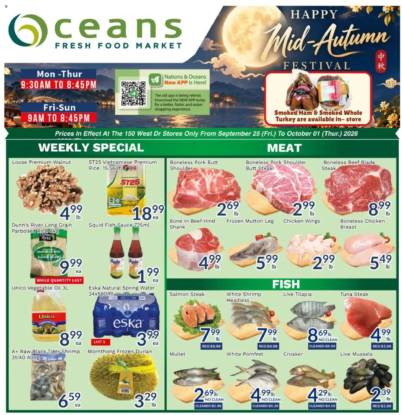 Oceans flyer valid from Sep 25, 2026 | Page: 1 | Products: Pork shoulder boneless, Shrimp, Steak, Chicken