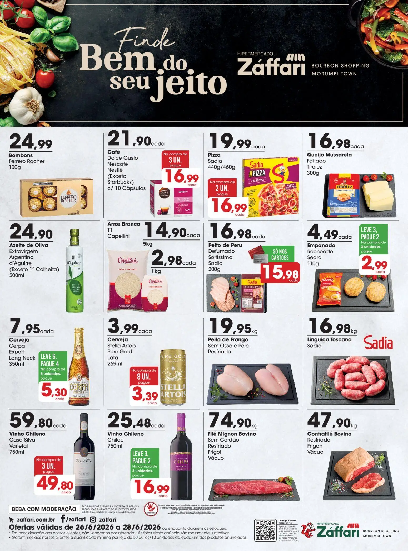 Zaffari Folheto - válido de 26/06/2026 | Página: 1 | Produtos: Arroz, Ferrero Rocher, Bebida, Peito de frango