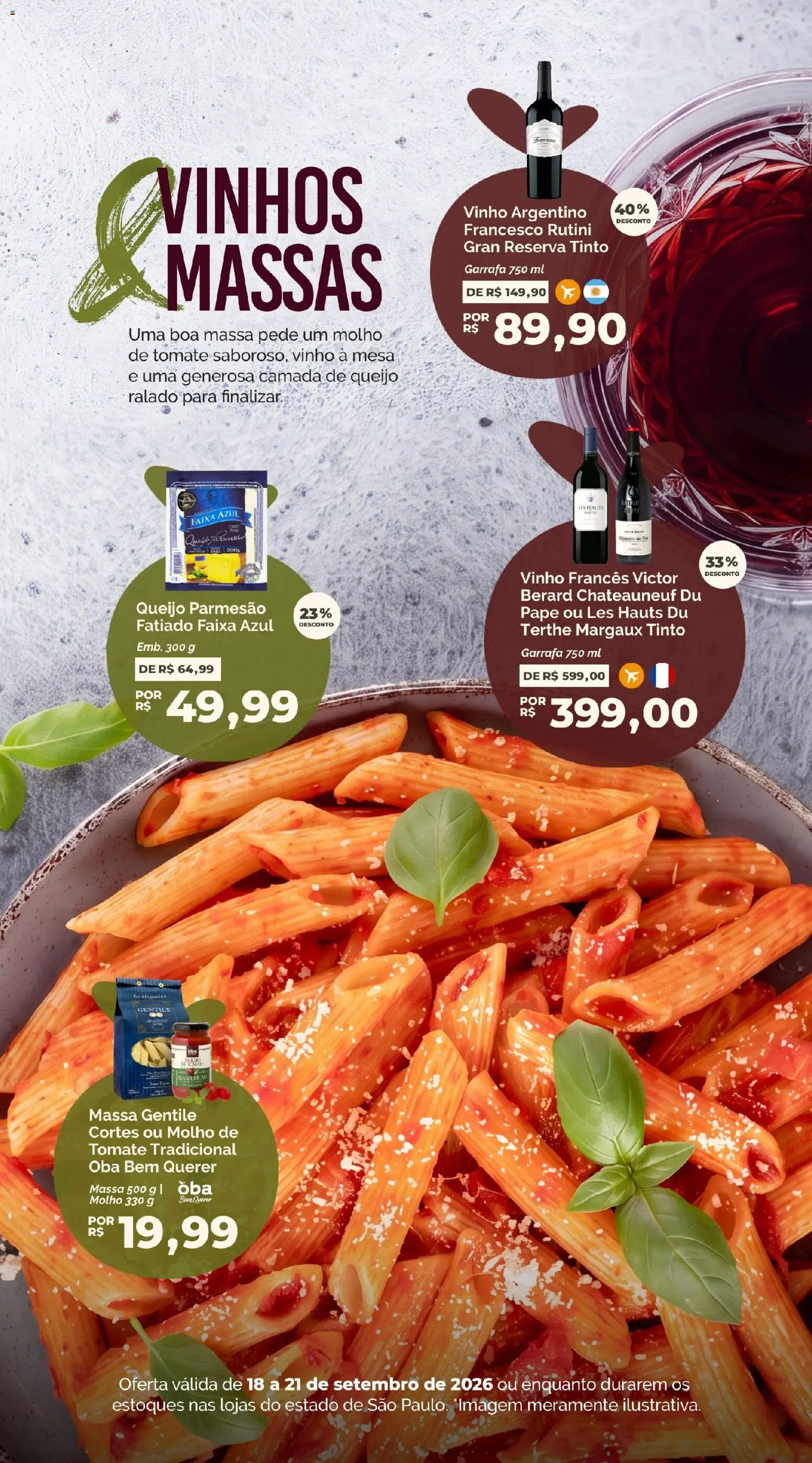 Oba Hortifruti Folheto - válido de 18/09/2026 | Página: 2 | Produtos: Queijo, Vinho, Parmesão, Massa