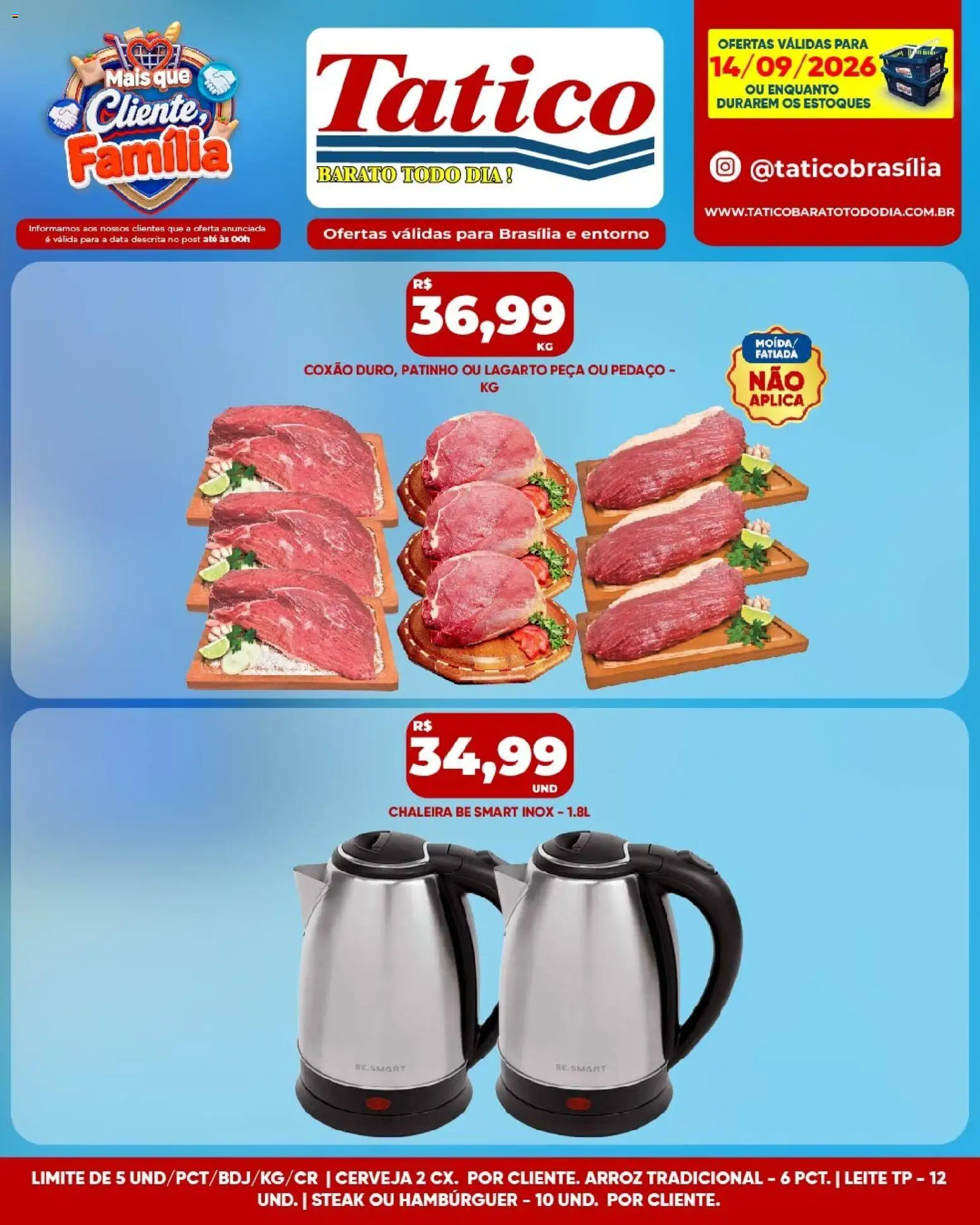 Tatico Folheto - válido de 14/09/2026 | Página: 13 | Produtos: Chaleira, Leite, Arroz, Hambúrguer