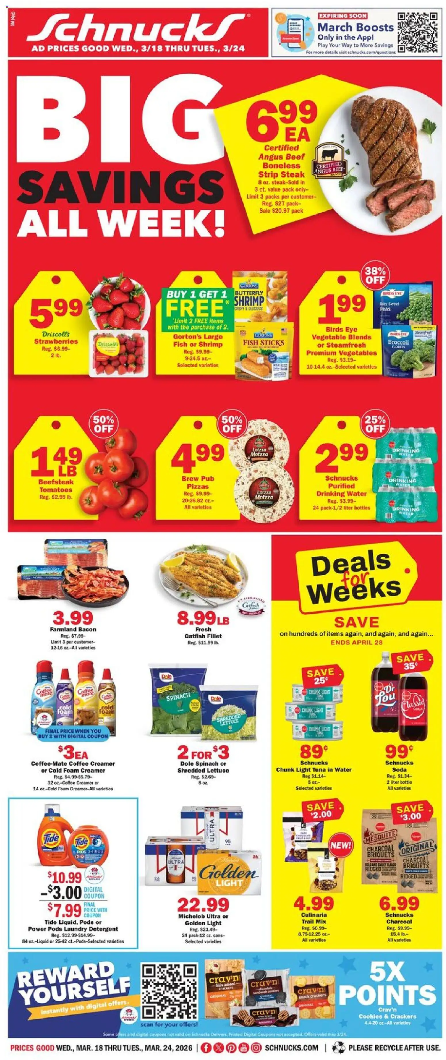 Schnucks Weekly Ad - valid from 18.03.2026 | Page: 1 | Products: Lettuce, Spinach, Fish, Detergent