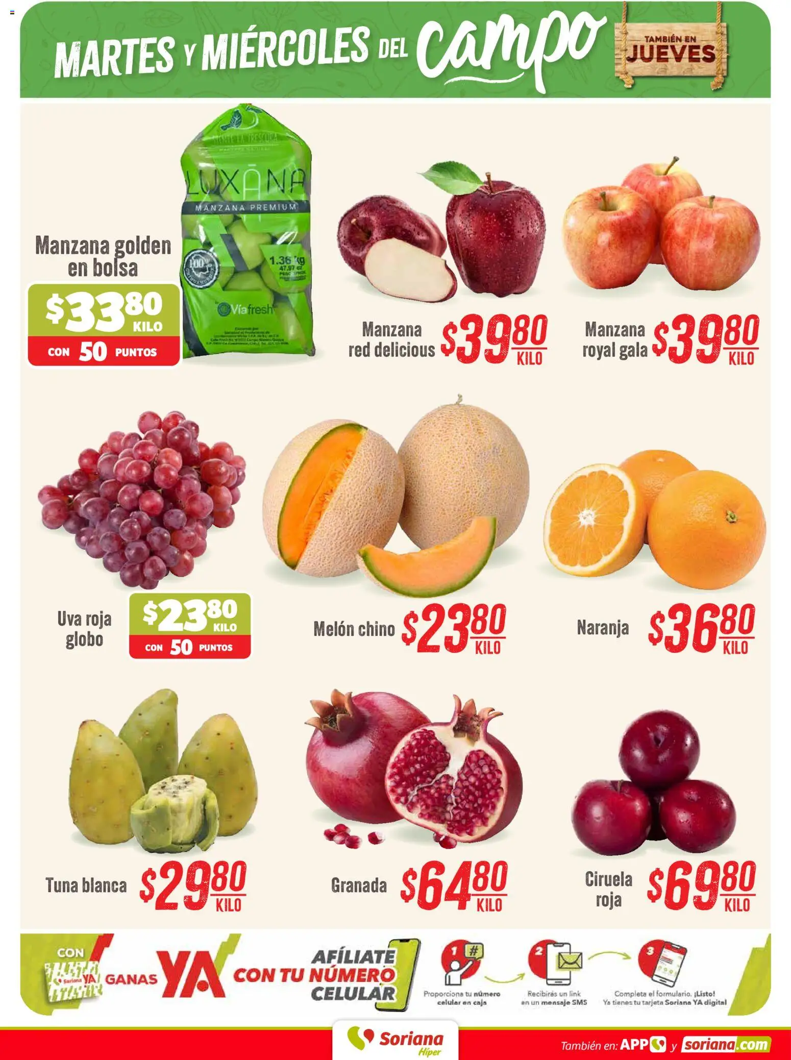 Nuevas ofertas de Soriana válidas en toda la República Mexicana desde el 01/09/2026. ¡Encuentra las mejores ofertas en Soriana Martes y Miércoles del Campo Híper! | Página: 2 | Productos: Melón, Manzana, Granada, Uva