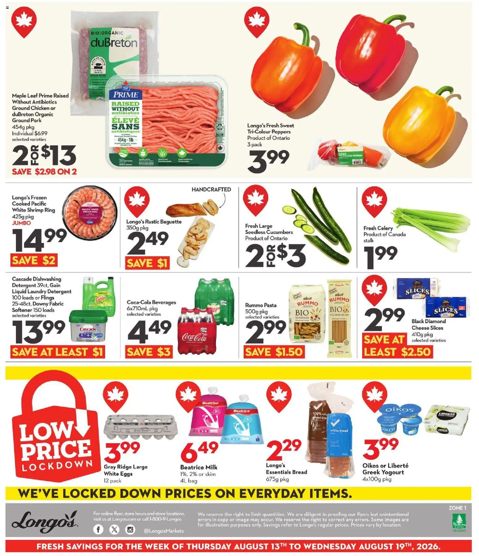 Longo's flyer valid from Aug 13, 2026 | Page: 3 | Products: Ridge, Detergent, Cheese, Bread