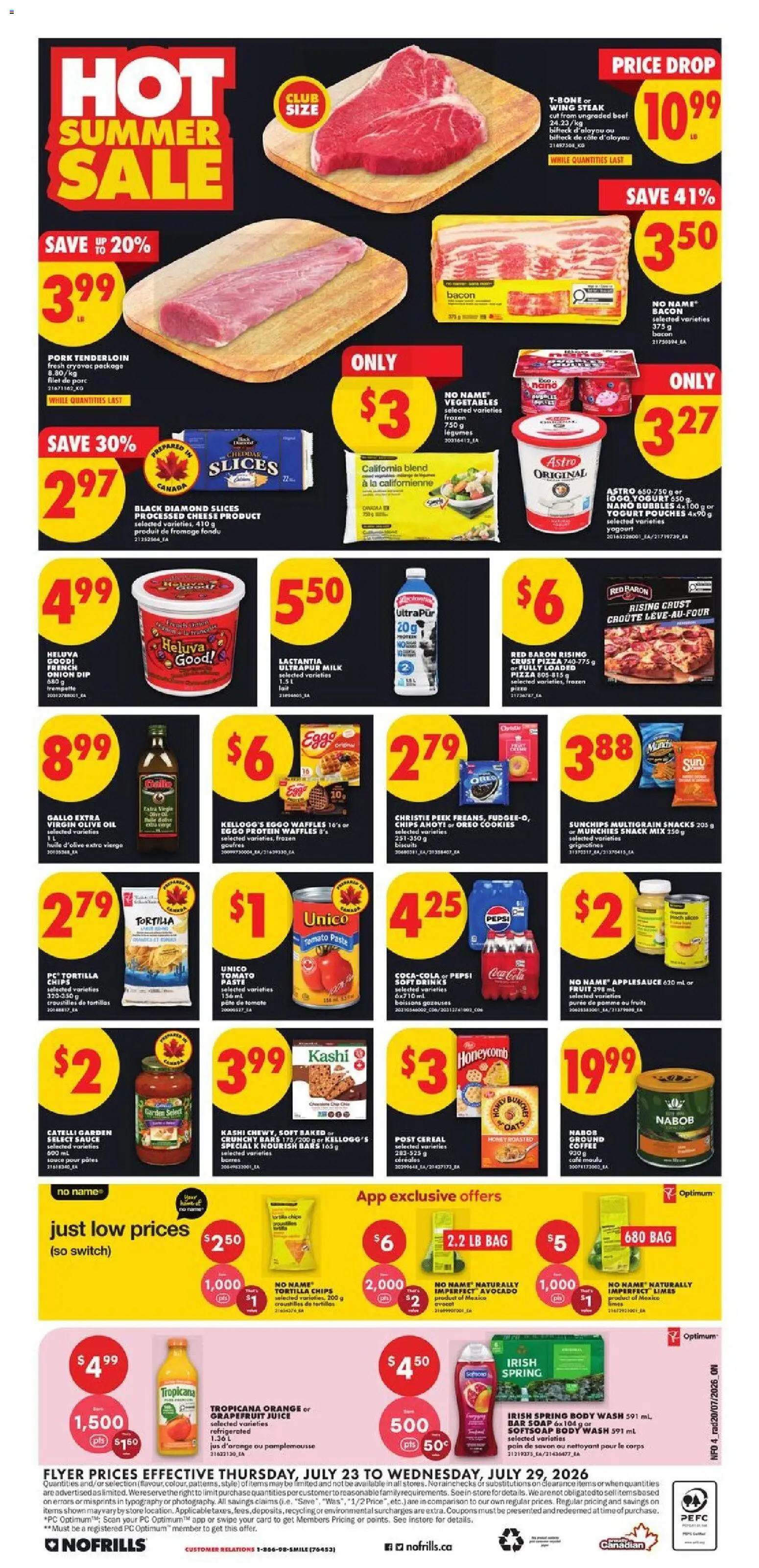 No Frills flyer valid from Jul 23, 2026 | Page: 5 | Products: Processed cheese, Bacon, Avocado, Juice