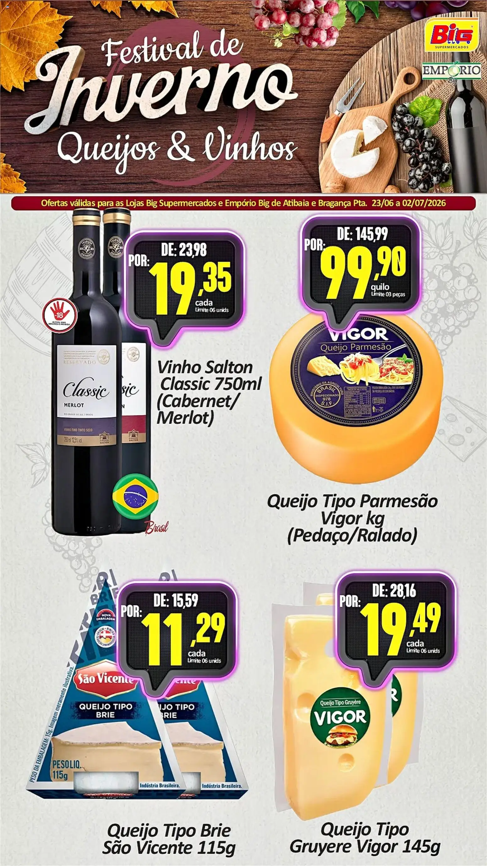 Big Supermercados Folheto - válido de 23/06/2026 | Página: 2 | Produtos: Vinho, Parmesão, Brie, Queijo parmesão