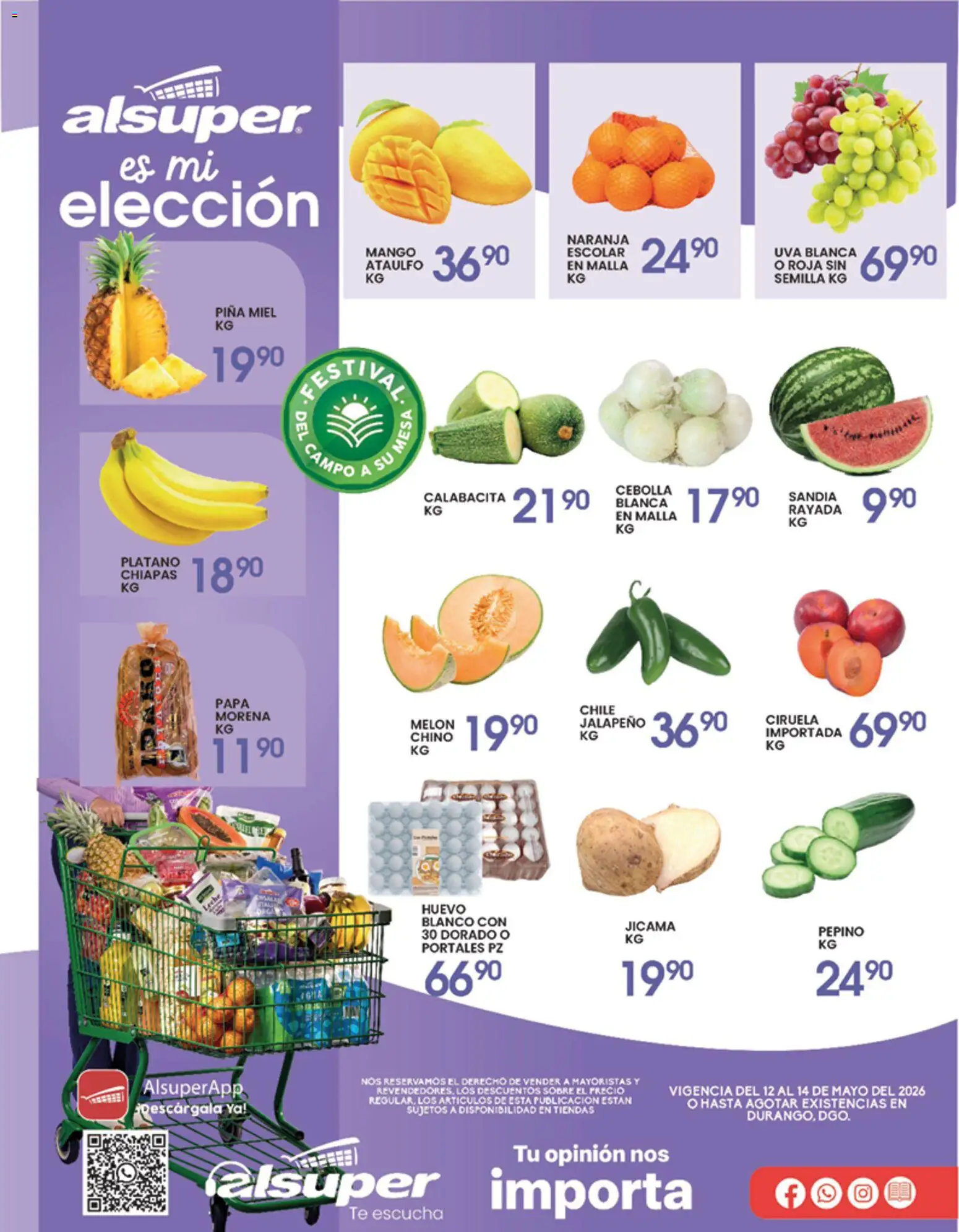 Nuevas ofertas de Alsuper válidas en toda la República Mexicana desde el 12.05.2026. ¡Encuentra las mejores ofertas en Alsuper folleto Durango! | Página: 1 | Productos: Plátano, Papa, Leche, Mango
