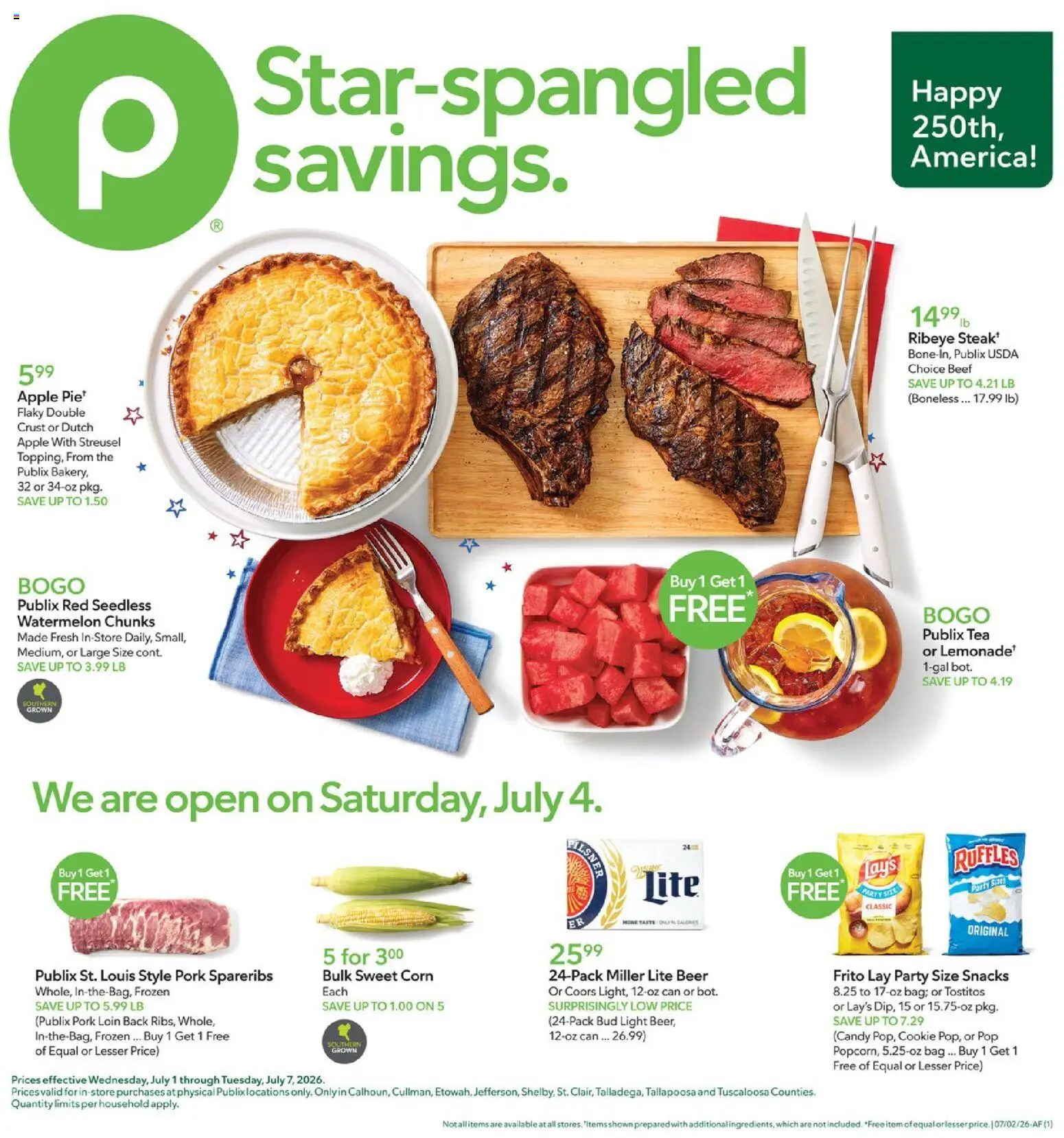 Publix Weekly Ad - valid from 07/01/2026 | Page: 1 | Products: Corn, Beer, Pork, Tea