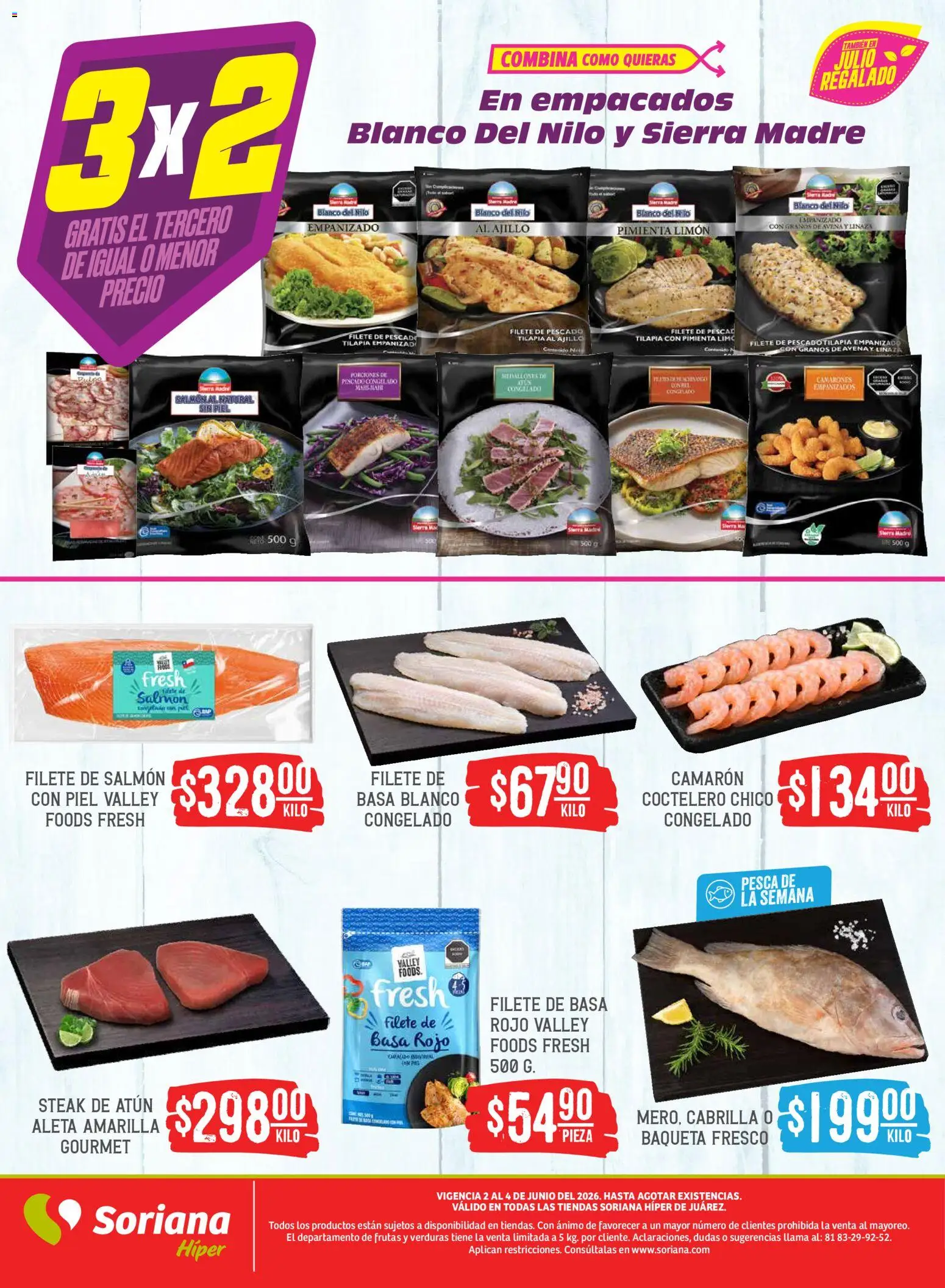 Nuevas ofertas de Soriana válidas en toda la República Mexicana desde el 02.06.2026. ¡Encuentra las mejores ofertas en Soriana Martes y Miércoles del Campo Híper: Juárez! | Página: 4 | Productos: Atún, Pimienta, Limón, Sierra