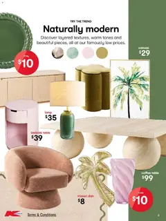 Preview of Kmart August Living - valid from 23/07/2026 | Page: 4 | Products: Coffee table, Vase, Lamp, Coffee